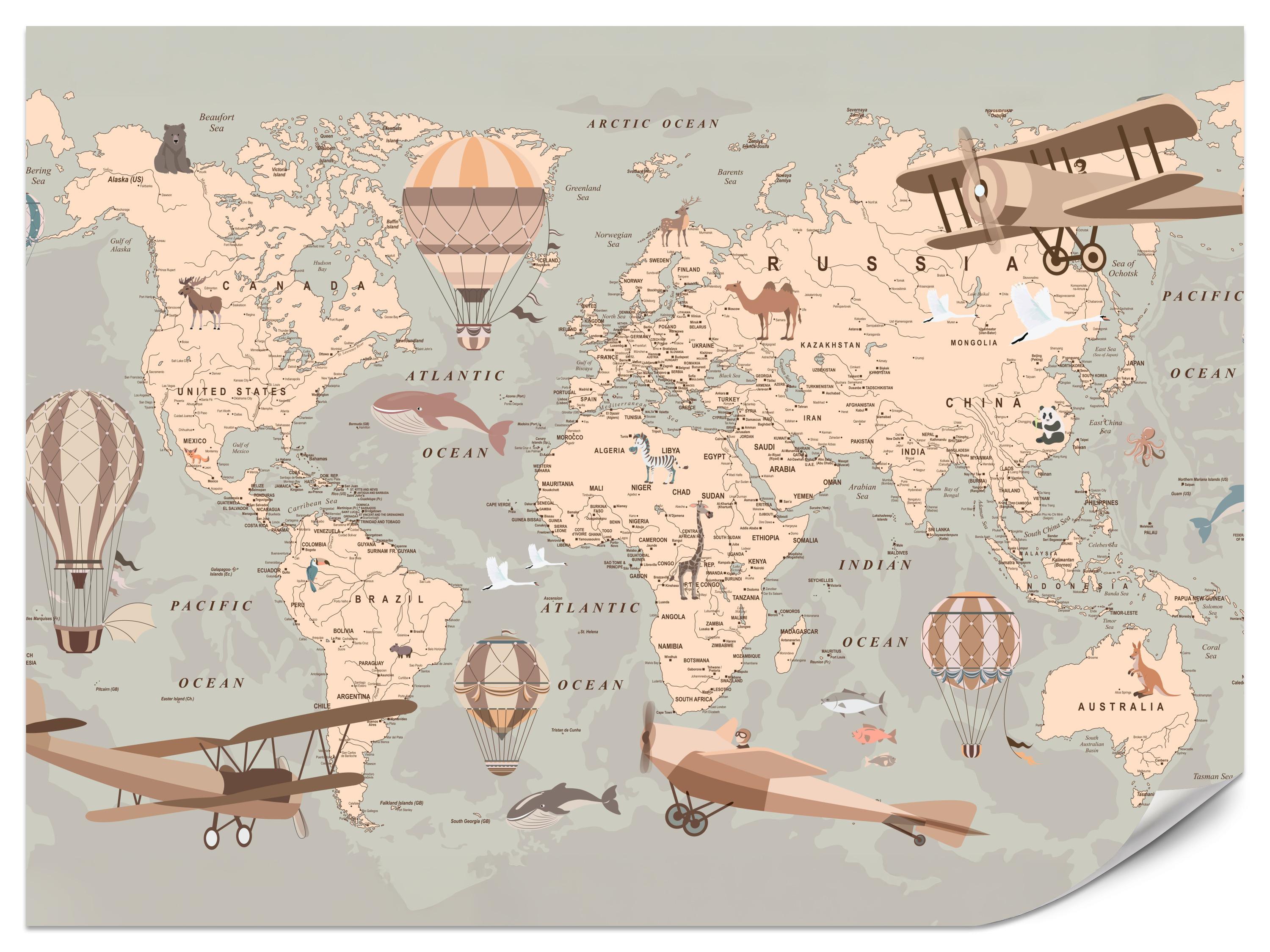 FOTOTAPETE für Kinderzimmer Retro Weltkarte Balony Flugzeuge 100x70 - Beige/Orange, Papier (100/70cm) - Muralo