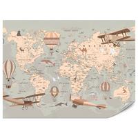FOTOTAPETE für Kinderzimmer Retro Weltkarte Balony Flugzeuge 100x70 - Beige/Orange, Papier (100/70cm) - Muralo