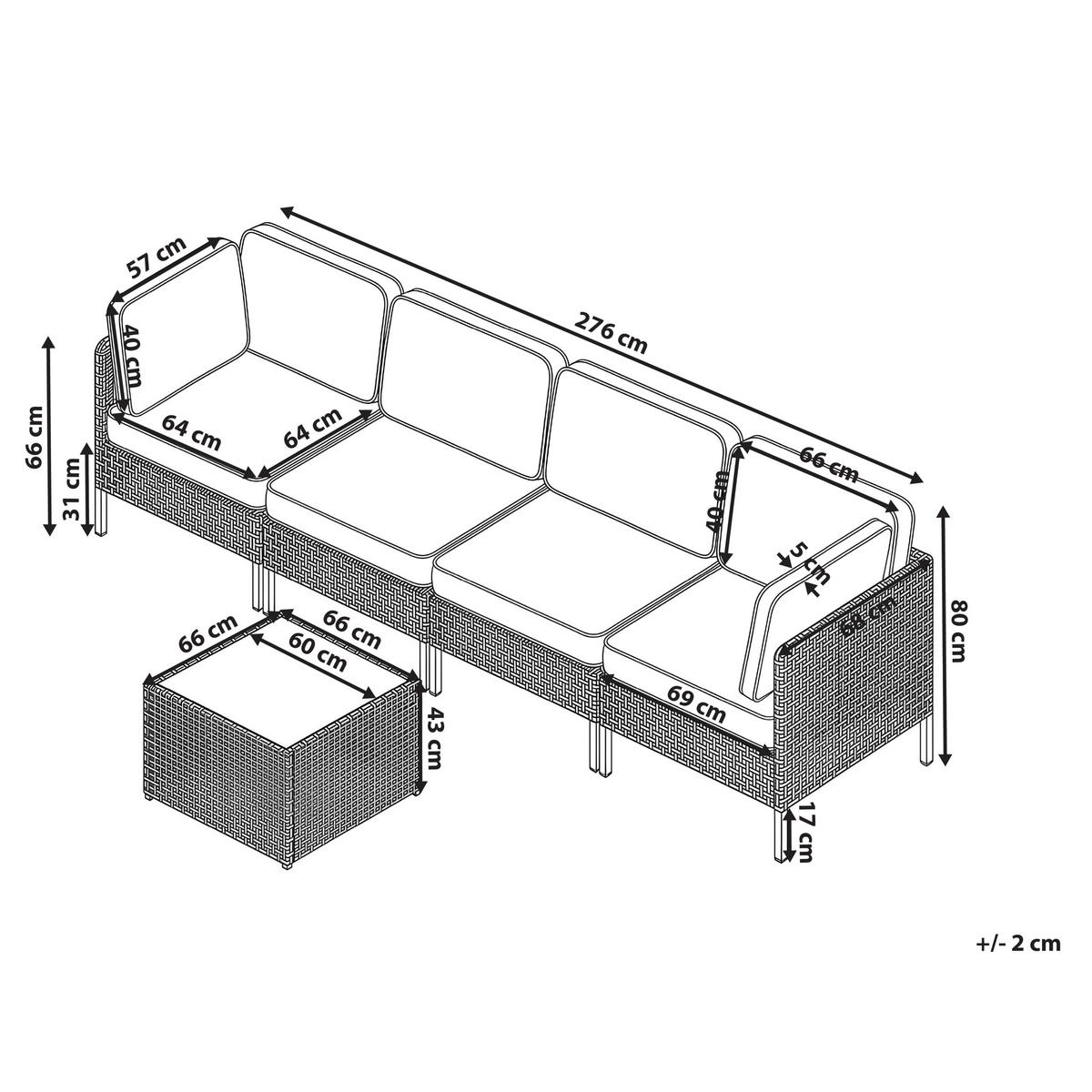GARTENSOFA mit Tisch 4-Sitzer modular Polyrattan Hellbeige Omegana - Beige/Schwarz, Kunststoff (276/80/68cm) - Beliani