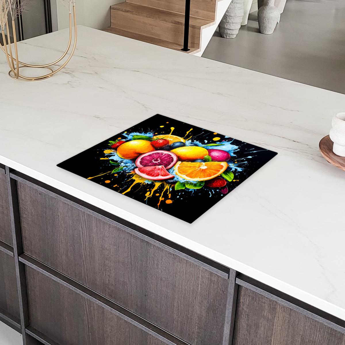 HERDABDECKPLATTE Obst - Graffiti - Bunt - Orange - Erdbeere - Abstrakt Abdeckung Ceranfeld 58.3x51.3 cm - Orange, Kunststoff (58.3/51.3/0.2cm) - MuchoWow