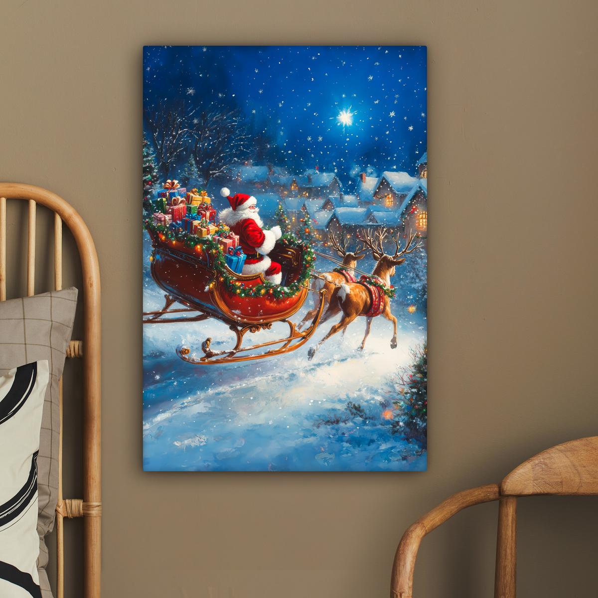 LEINWANDBILD Weihnachtsmann - Rentier - Weihnachten - Schnee Wanddeko 40x60 cm - Cognac, Textil (40/60cm) - MuchoWow