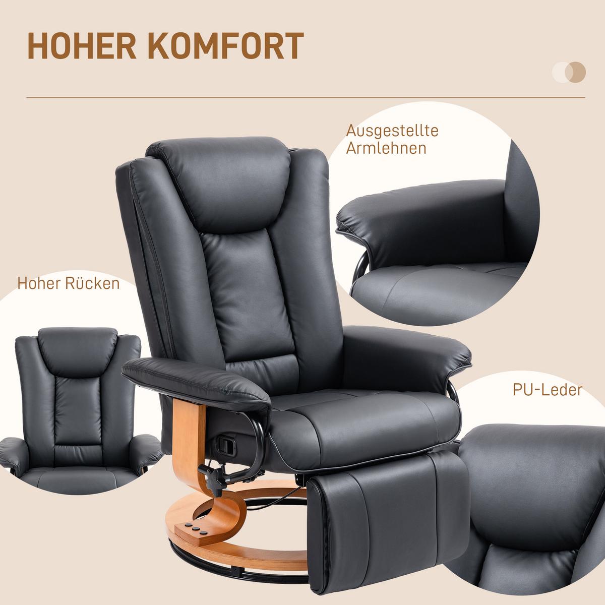 RELAXSESSEL Drehbar Fernsehsessel mit Liegefunktion, Fußstütze, Schwarz - Schwarz, Leder/Holzwerkstoff (88/103/78cm) - HOMCOM