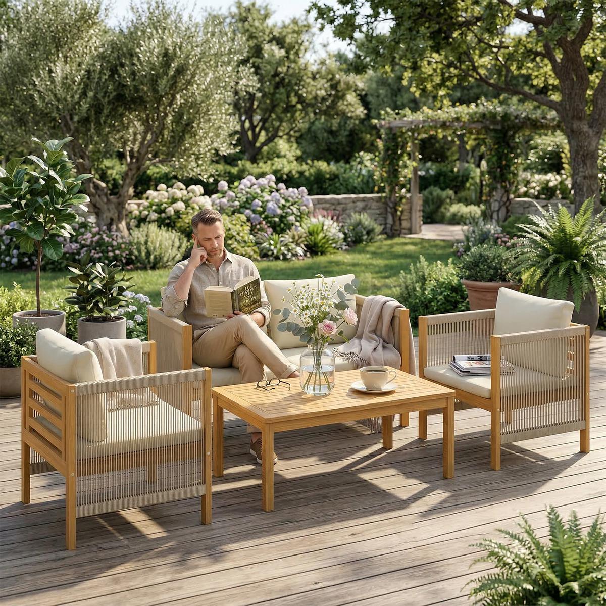 BALKONMÖBEL-SET 4er Set Akazienholz Polyester Beige - Beige/Akaziefarben, Holz/Textil - Outsunny