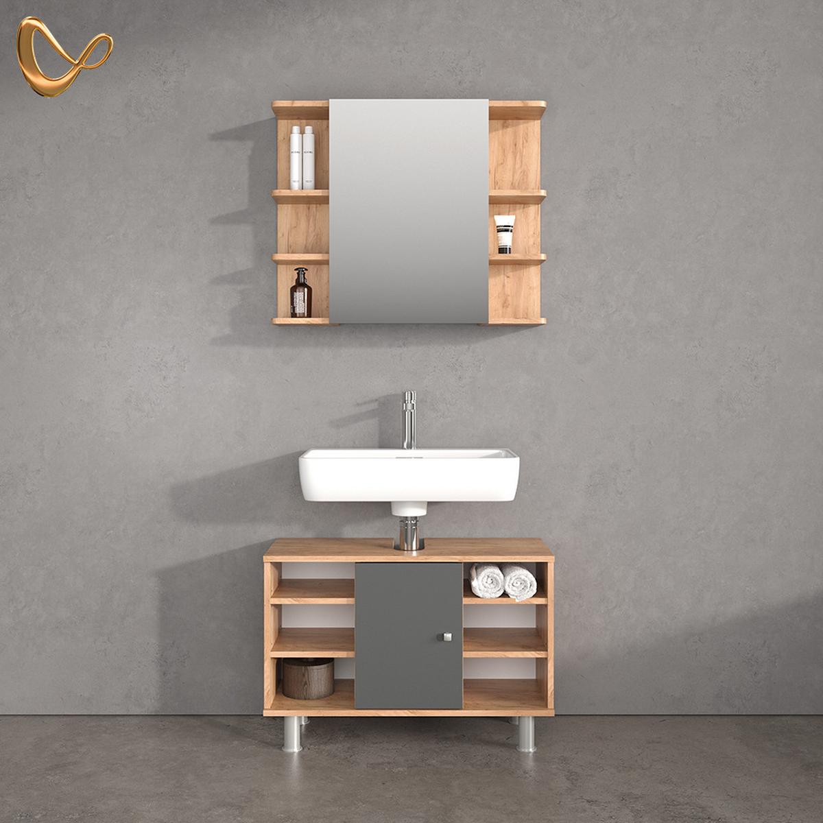 BADMÖBEL-SET Fucino Goldkraft Eiche 2 Teile, Unterschrank 80 cm - Honigeiche, Holzwerkstoff (80/64/32cm) - Livinity®