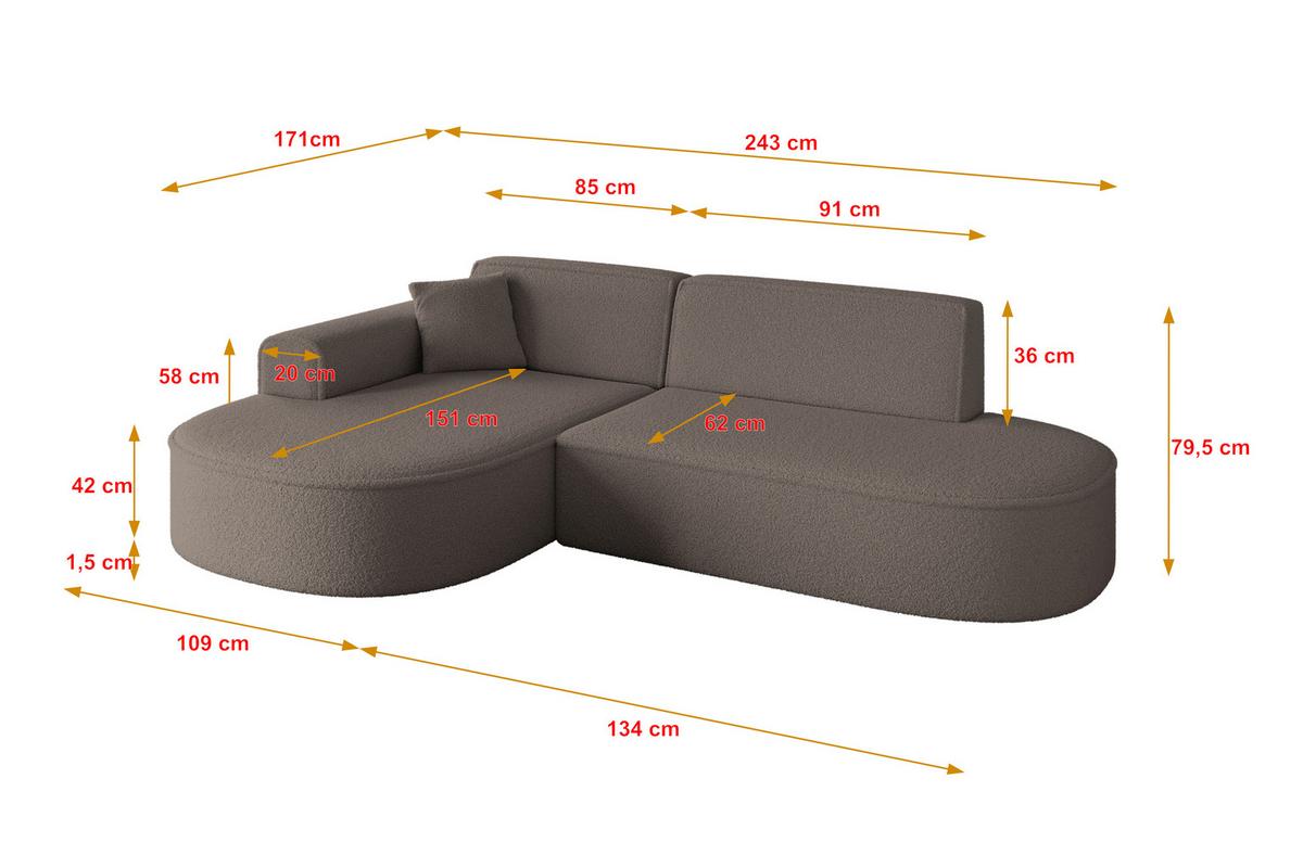 ECKSOFA Ottomane Links MARI-L1 - 243x171x79 cm Braun Bouclé - Schwarz/Braun, Holzwerkstoff/Kunststoff (243/171cm) - ALTDECOR