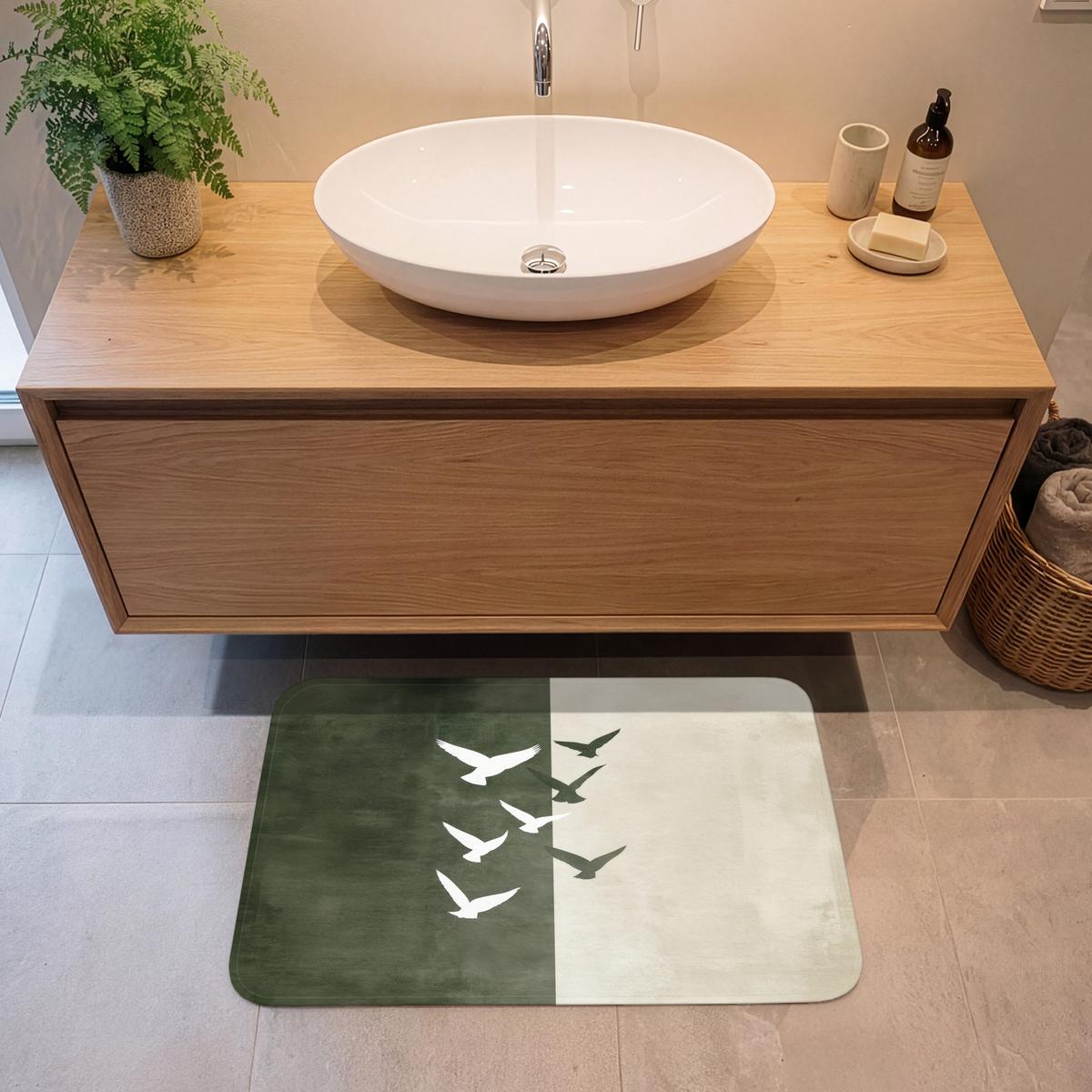 BADEMATTE Japandi - Vogel - Grün 80x50 cm - Olivgrün, Textil (80/50cm) - OnlyWow