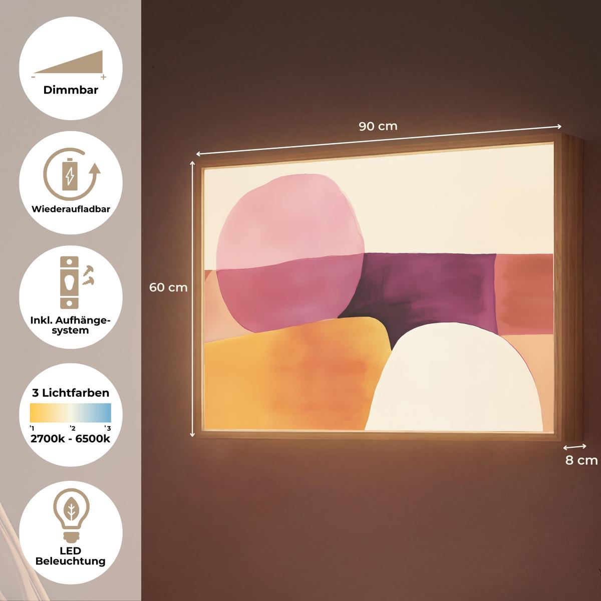 WANDLEUCHTE MIT AKKU Formen - Abstrakt - Farbenfroh 90x60 cm - Rosa, Holzwerkstoff (90/60/8cm) - OnlyWow