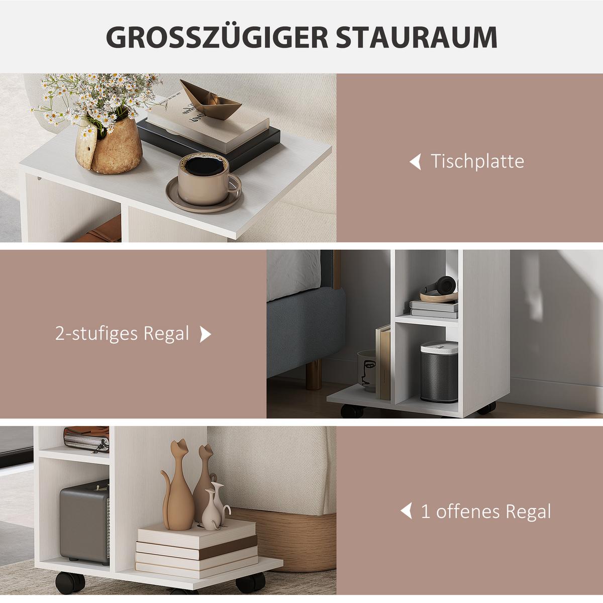 BEISTELLTISCH in C-Form, Couchtisch mit Rollen, 45 x 35 x 58 cm, Weiß - Weiß, Holzwerkstoff (45/35/58cm) - HOMCOM