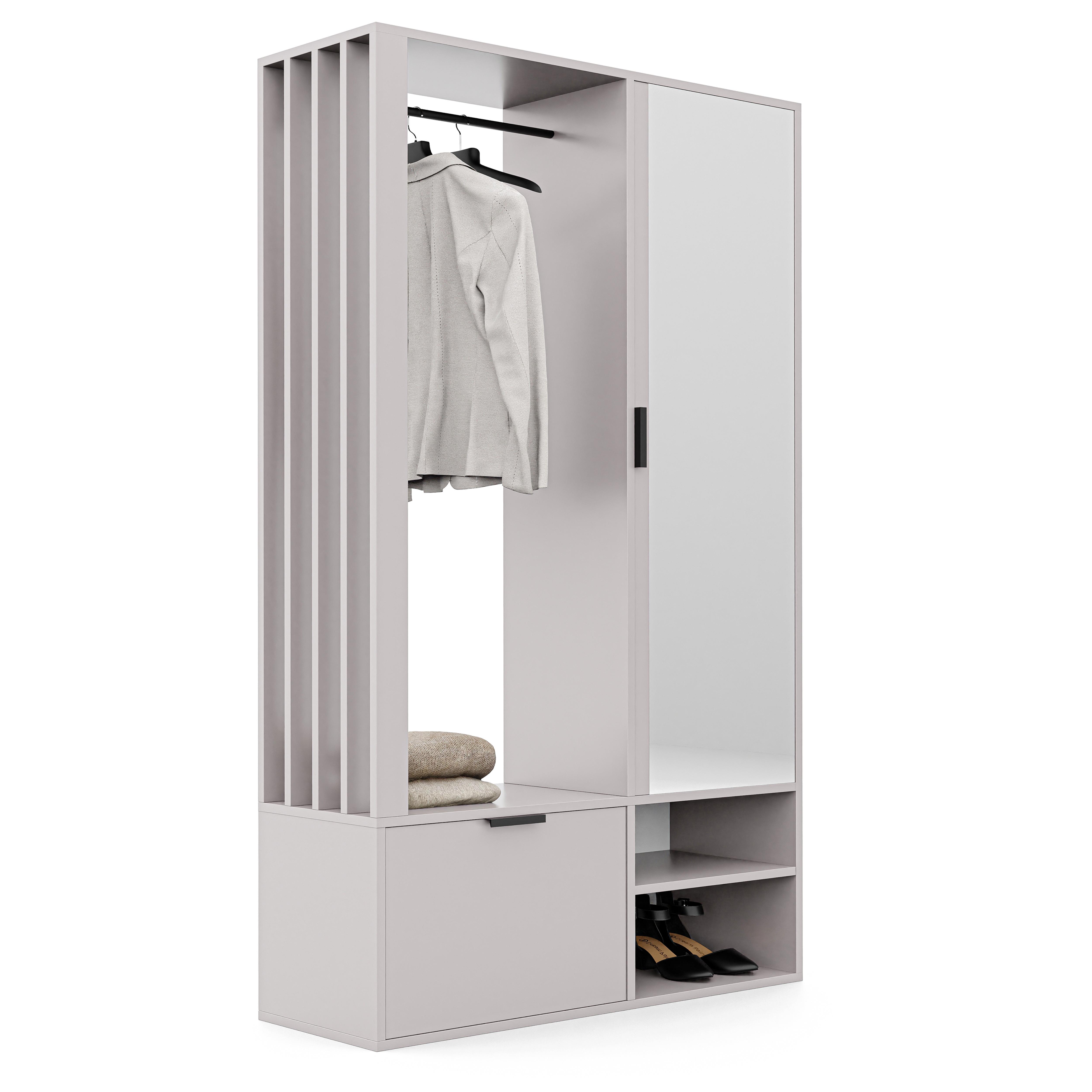GARDEROBENSCHRANK mit Spiegel-mit Ablagen und Kleiderstange - Beige, Holzwerkstoff (100/190/33cm) - Idohome