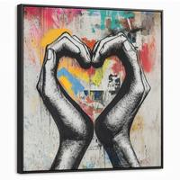 LEINWAND Bilder mit Rahmen - Hände - Herz - Straßenkunst - Graffiti - 90x90 - Multicolor, Textil (90/90cm) - MuchoWow