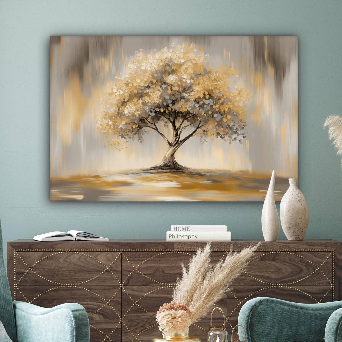 LEINWANDBILD Gemälde - Baum - Abstrakt - Blätter Wohnzimmer Groß 120x80 cm - Beige, Textil (120/80cm) - MuchoWow