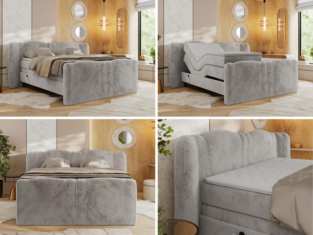 BOXBETT FORTINA 200/200 - Hellgrau Plüsch - H4 - Hellgrau, Holz/Textil (200/200cm) - MKS