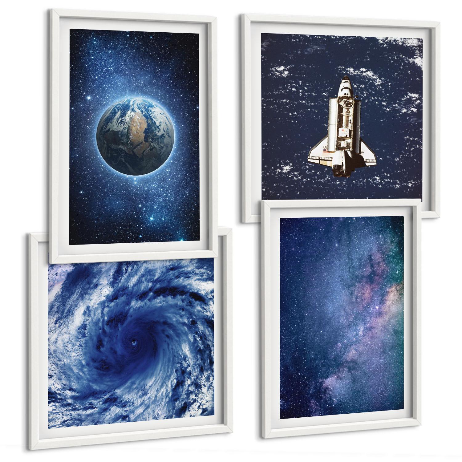 BILDER SET 4er Set - 50x50 cm & 40x60 cm Weißer Rahmen - Erde Weltraumsturm Galaxie - Weiß, Kunststoff (50/50cm) - TULUP