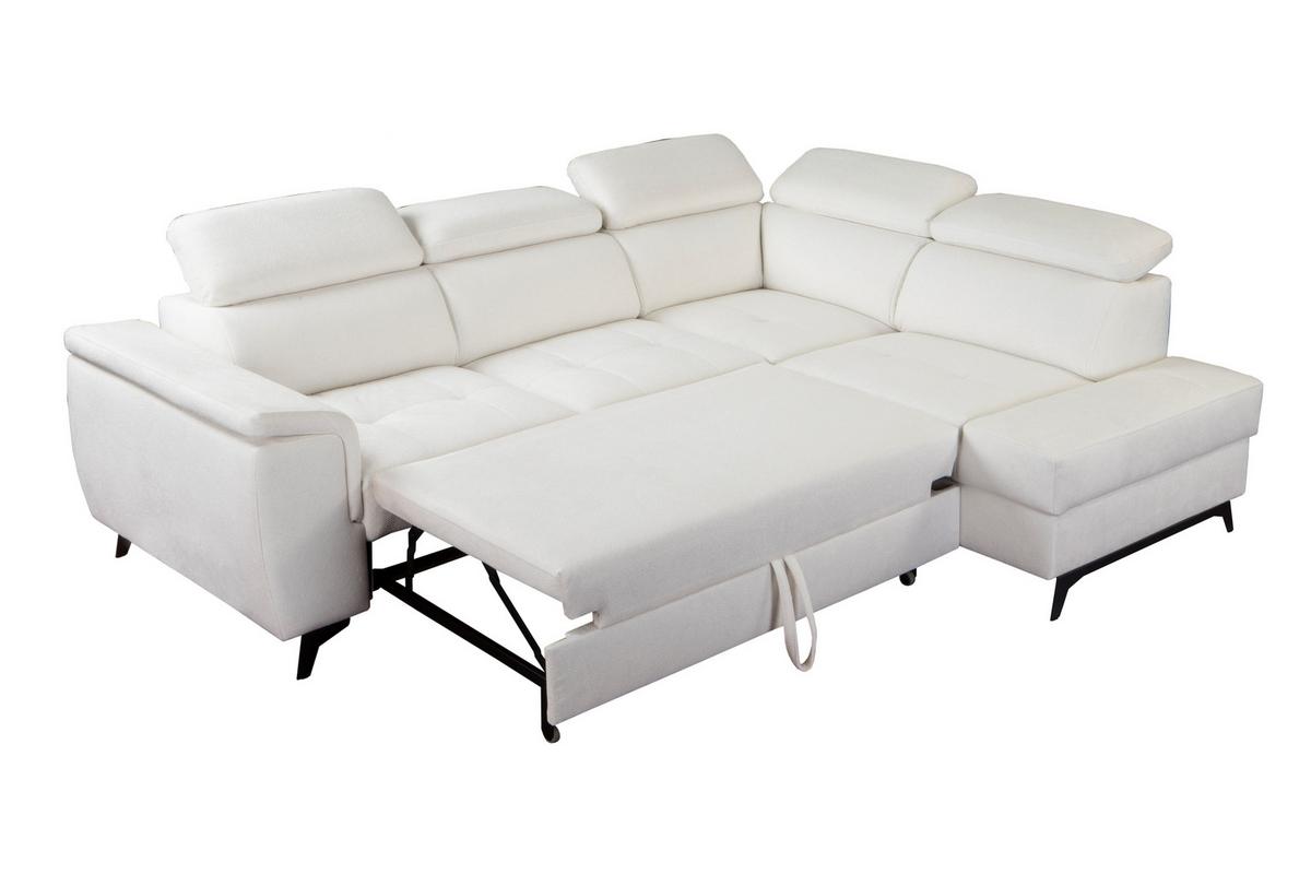 ECKSOFA VOLA Weiß Velours-Stoff mit Schlaffunktion - Weiß, Holz (270/199cm) - MASSENO