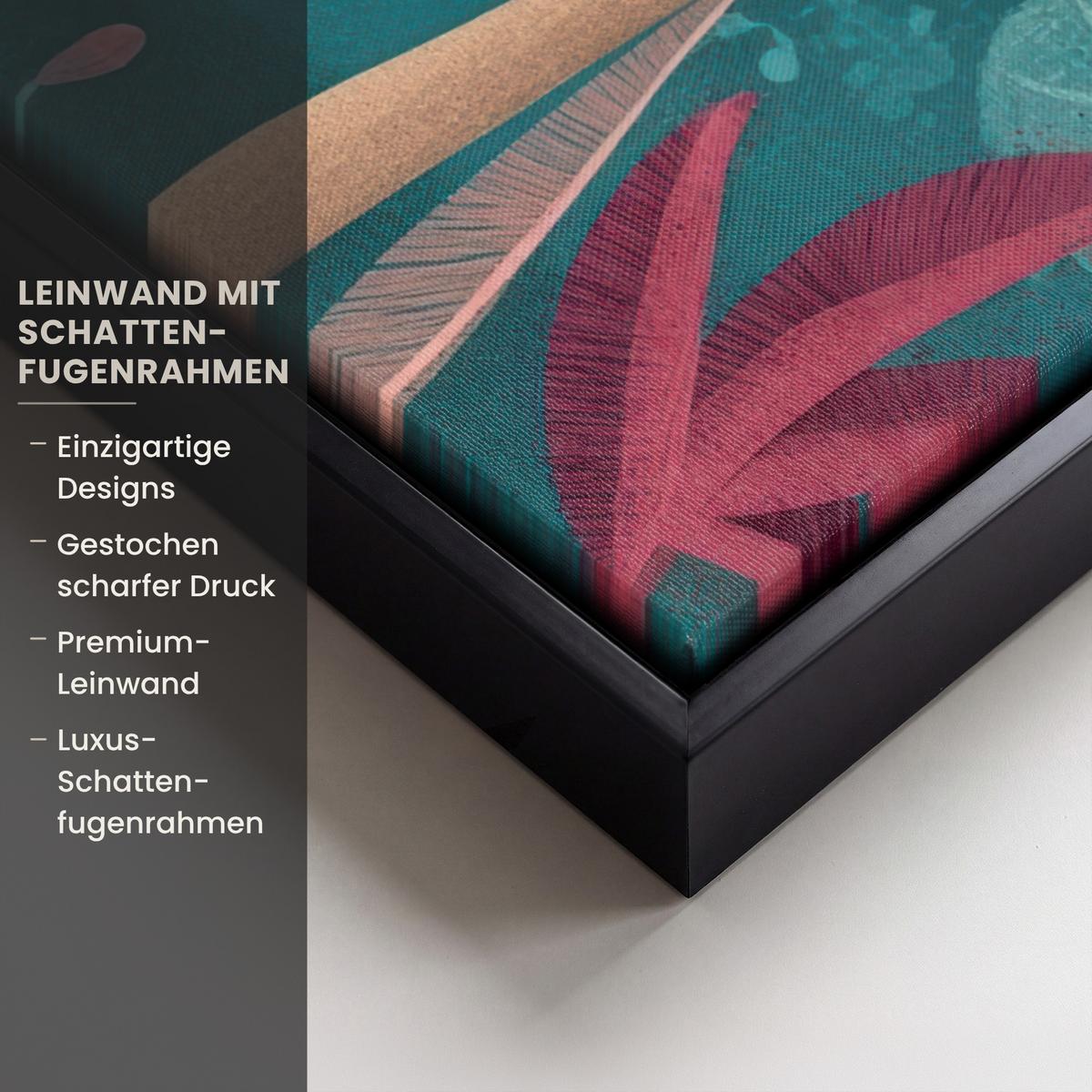 LEINWAND Bilder mit Rahmen - Kakadu - Tropische Blätter - Zweig - 50x70 - Petrol, Textil (50/70cm) - MuchoWow