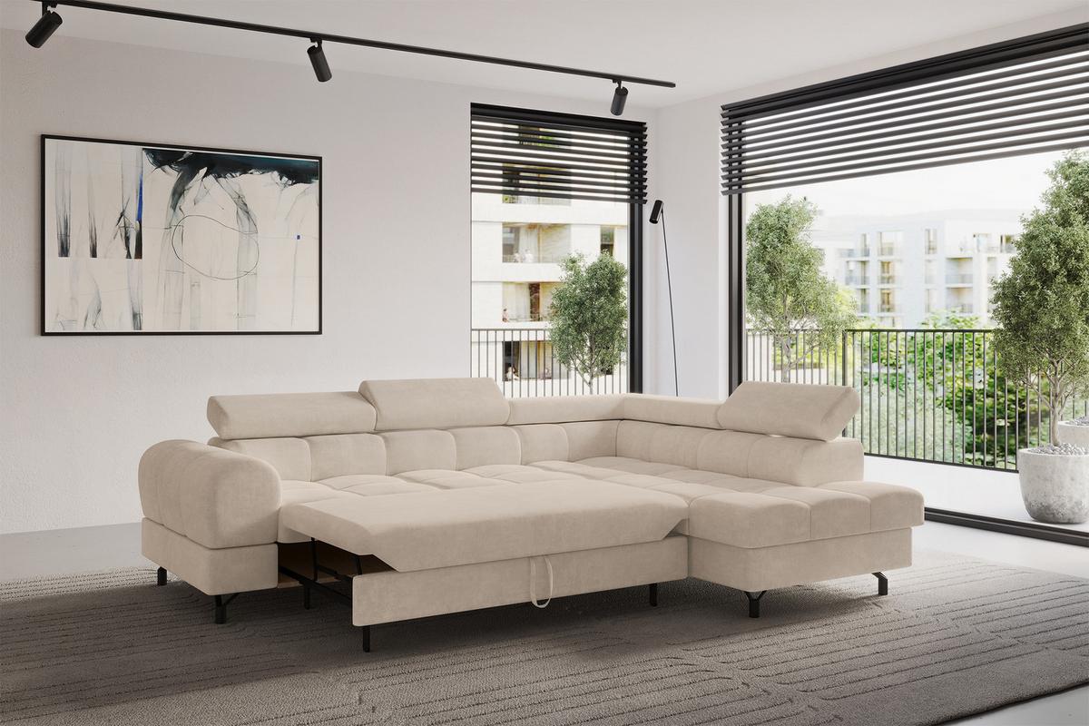 ECKSOFA mit Schlaffunktion Ottomane Rechts LUMA-L 272x203x70 Beige Velours - Sandfarben/Schwarz, Holzwerkstoff/Kunststoff (203/272cm) - ALTDECOR