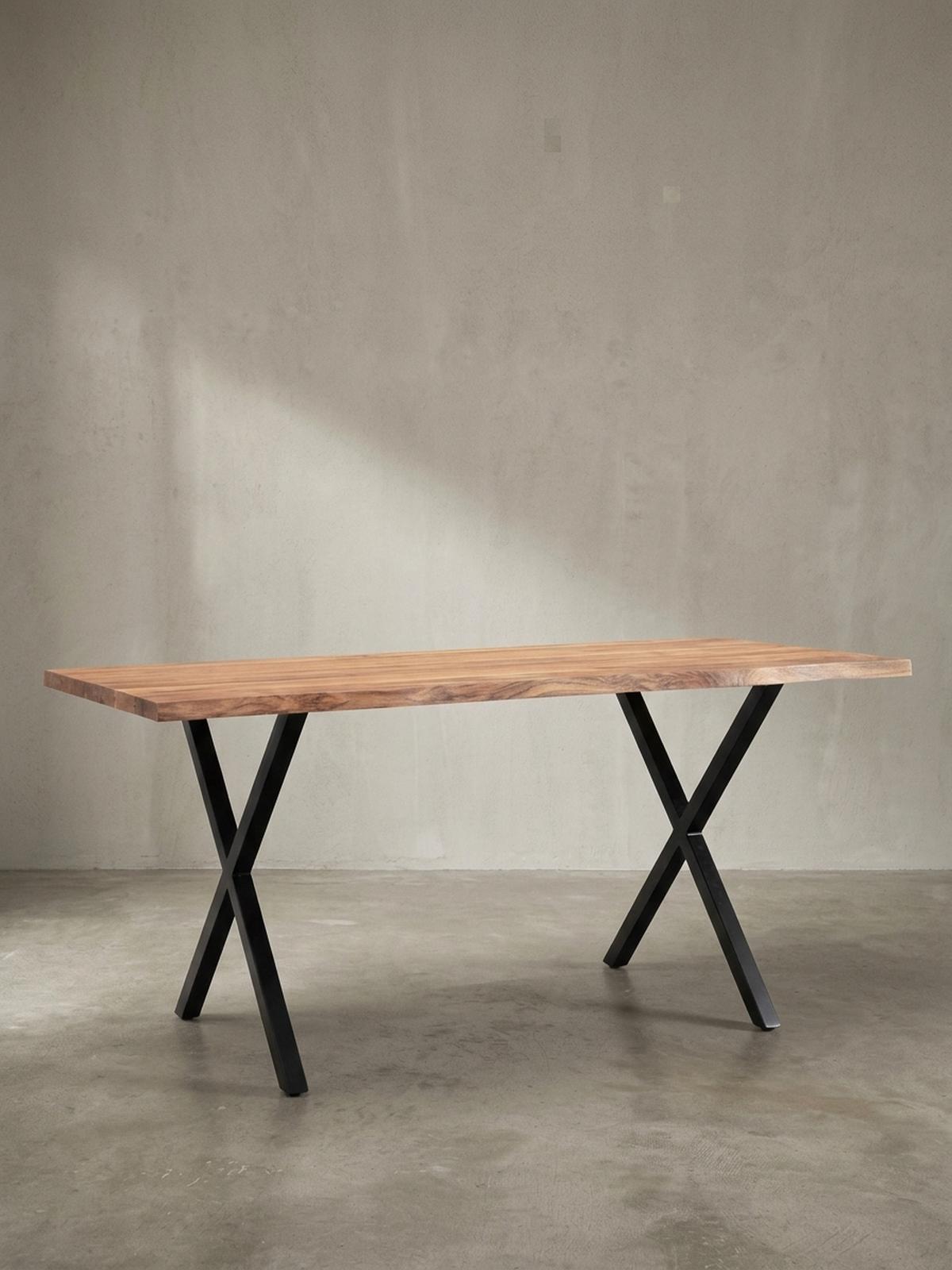ESSTISCH Massivholz Metall X-Gestell Baumkante Industrial KRETA, Goldbraun-Schwarz 180x90x76 cm - Schwarz/Braun, Holz/Metall (90/180/76cm) - KADIMA DESIGN
