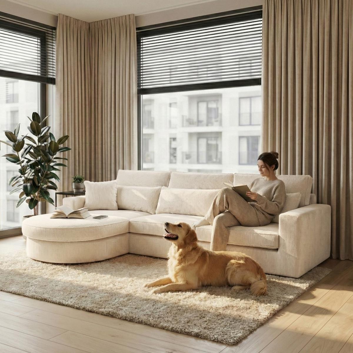 ECKSOFA Pablo ohne Schlaffunktion, mit abgerundeter Ottomane, links, Beige - Beige, Textil (319/196cm) - Beautysofa