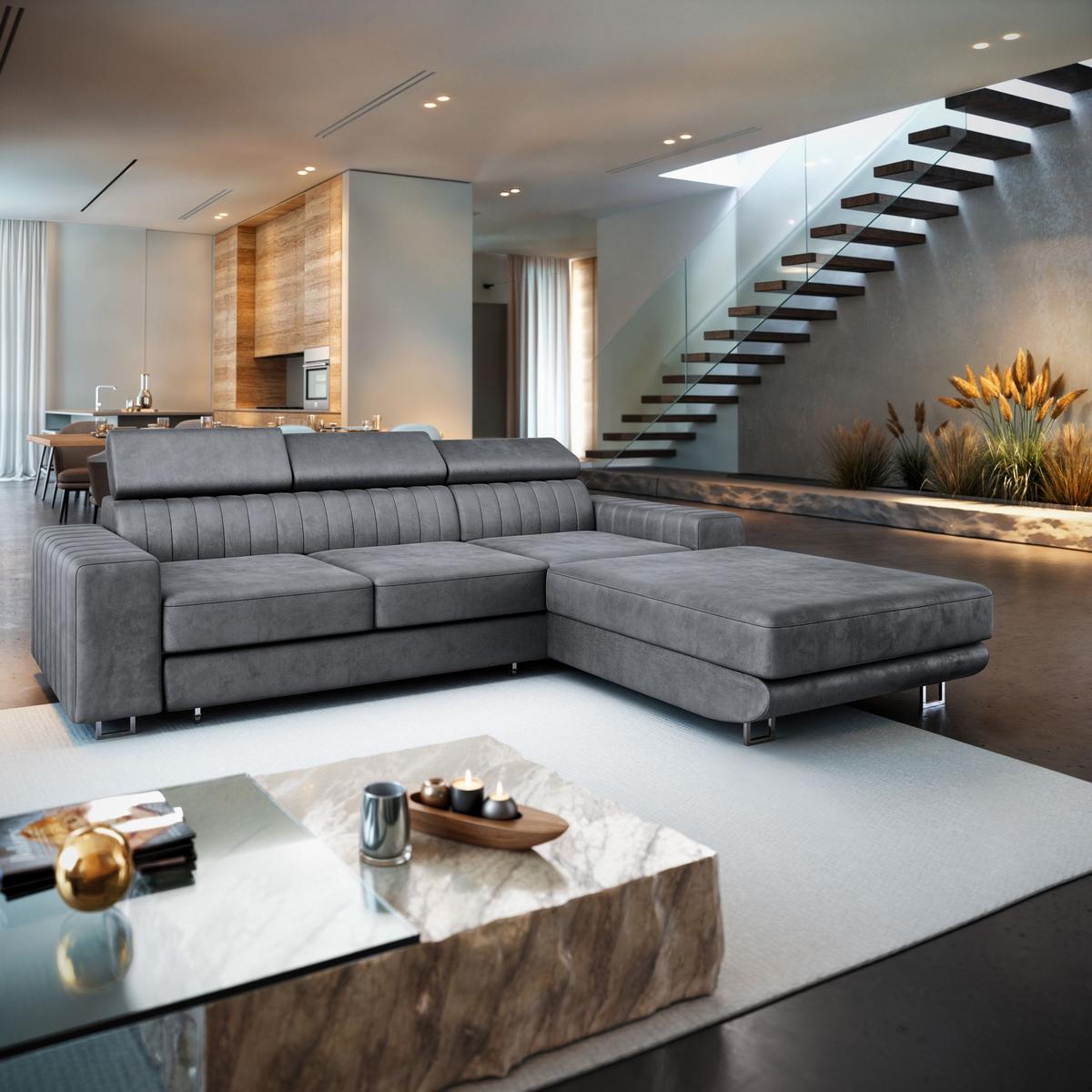 ECKSOFA NOTO R-S Grau Velours-Stoff mit Schlaffunktion - Silberfarben/Grau, Holz/Textil (267/190cm) - MASSENO