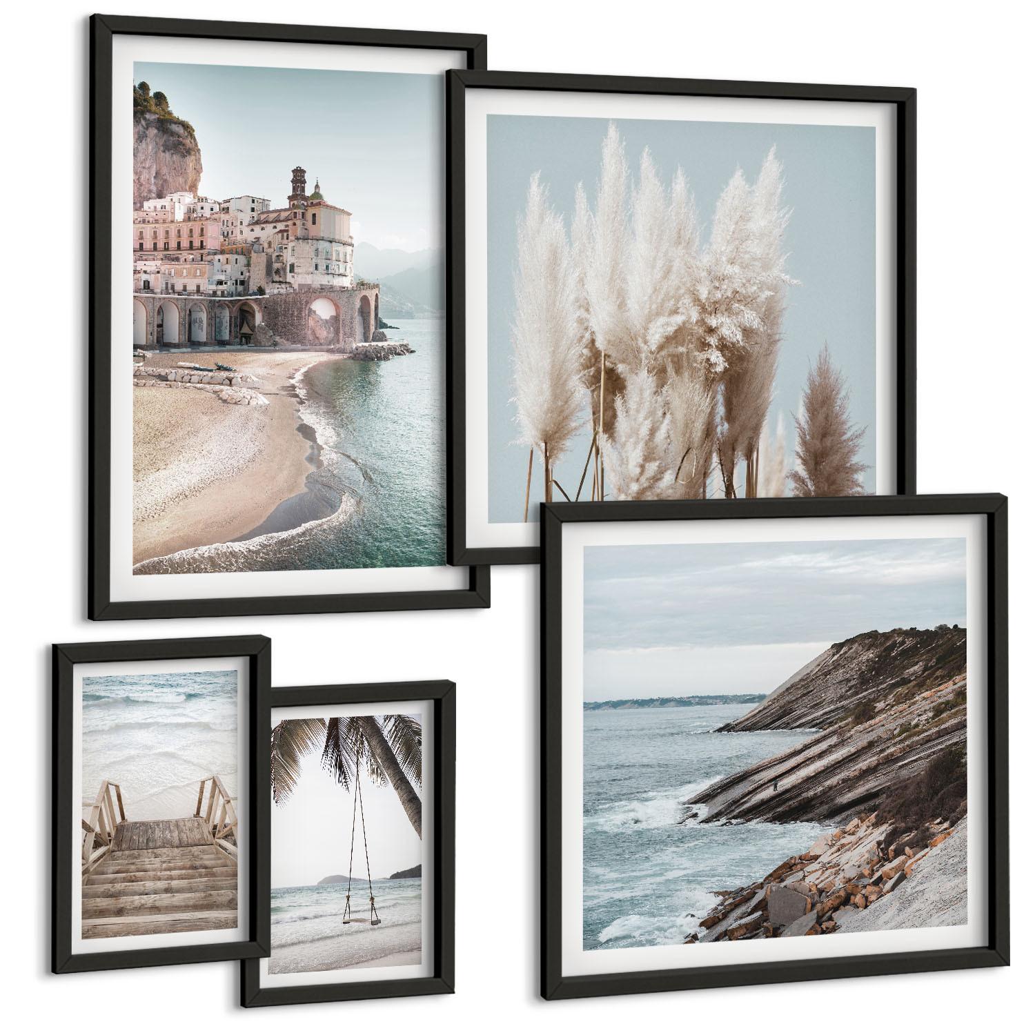 BILDER SET 5er Set - 50x50 cm & 20x30 cm & 40x60 cm Schwarzer Rahmen - Abstrakte Muster beige weiß - Schwarz, Kunststoff (40/60cm) - TULUP