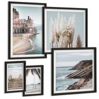 BILDER SET 5er Set - 50x50 cm & 20x30 cm & 40x60 cm Schwarzer Rahmen - Abstrakte Muster beige weiß - Schwarz, Kunststoff (40/60cm) - TULUP