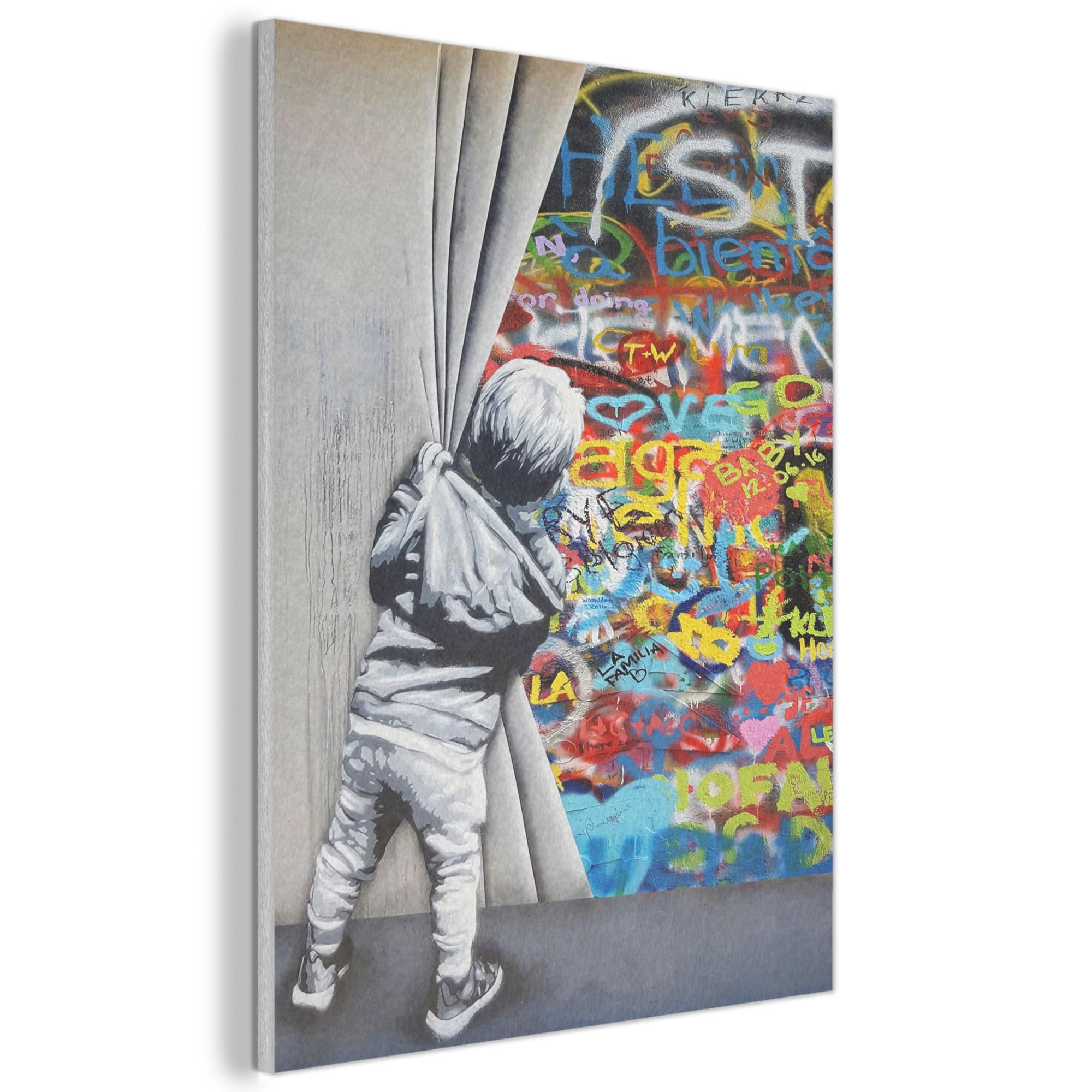 AKUSTIKBILD Graffiti - Junge - Ilussie - Straßenkunst Kunstdruck Schlafzimmer 50x70 cm - Hellgrau, Kunststoff (50/70/0.9cm) - MuchoWow