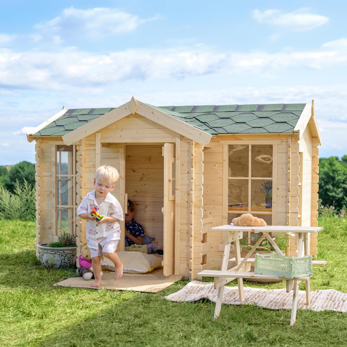 KINDERSPIELHAUS aus Holz - B241xT178xH151 cm/2.63m2 - M520 - Beige, Holz (241/151/187cm) - Timbela