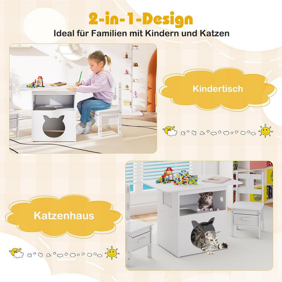 KINDERTISCH mit stuhl weiß(3-tlg) - Weiß, Holzwerkstoff (80/59/52cm) - COSTWAY