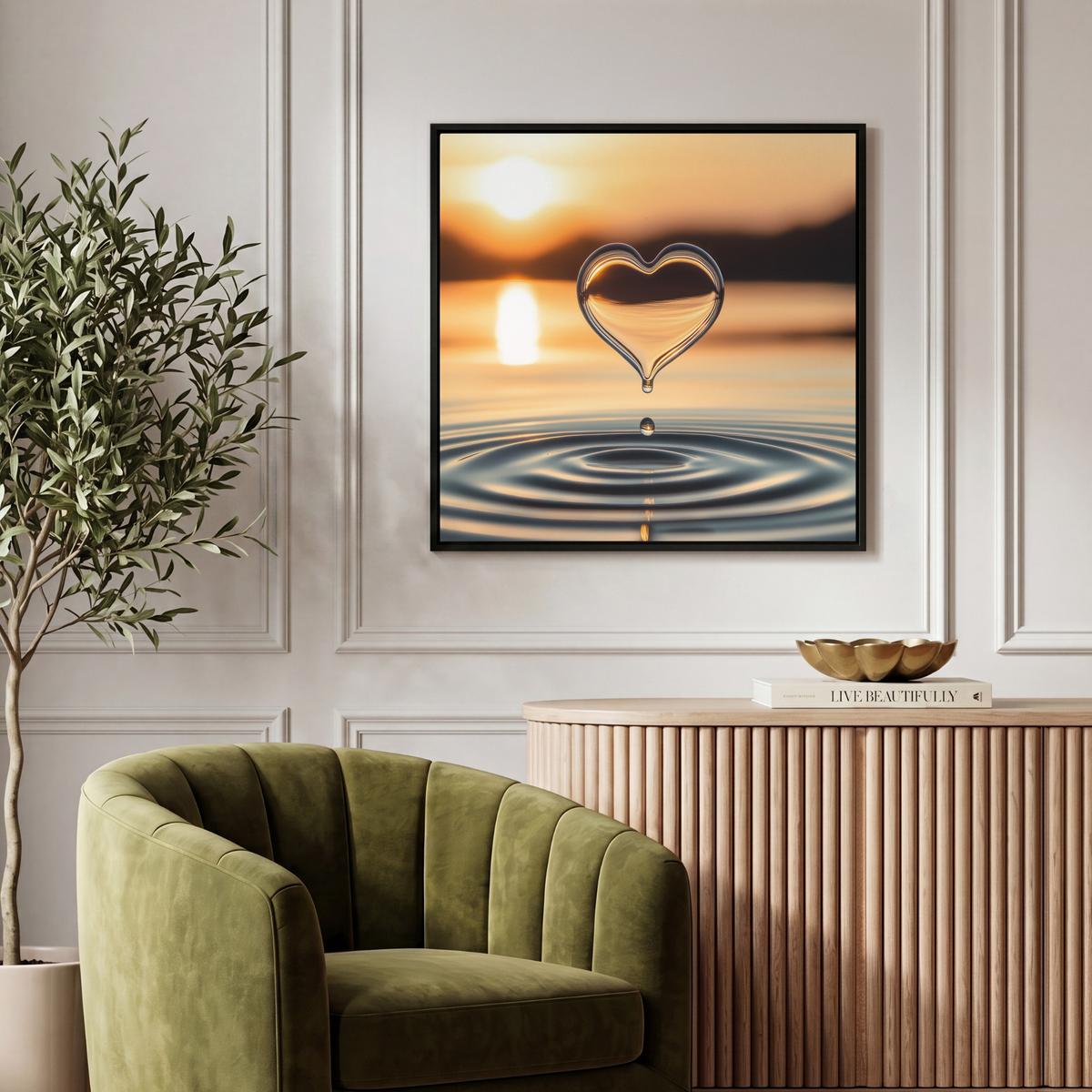 LEINWAND Bilder mit Rahmen - Herz - Wasser - Sonnenuntergang - Natur - Zen - 50x50 - Bernsteinfarben, Textil (50/50cm) - MuchoWow