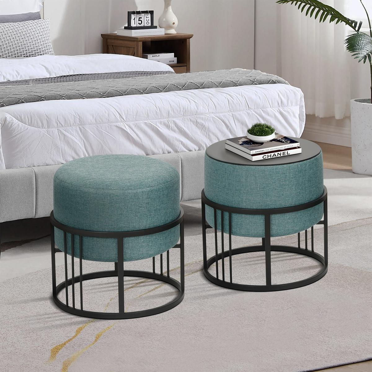 HOCKER-SET 2-TLG. Tas - Schwarz/Grün, Holzwerkstoff/Textil (38/38/38cm) - [en.casa]