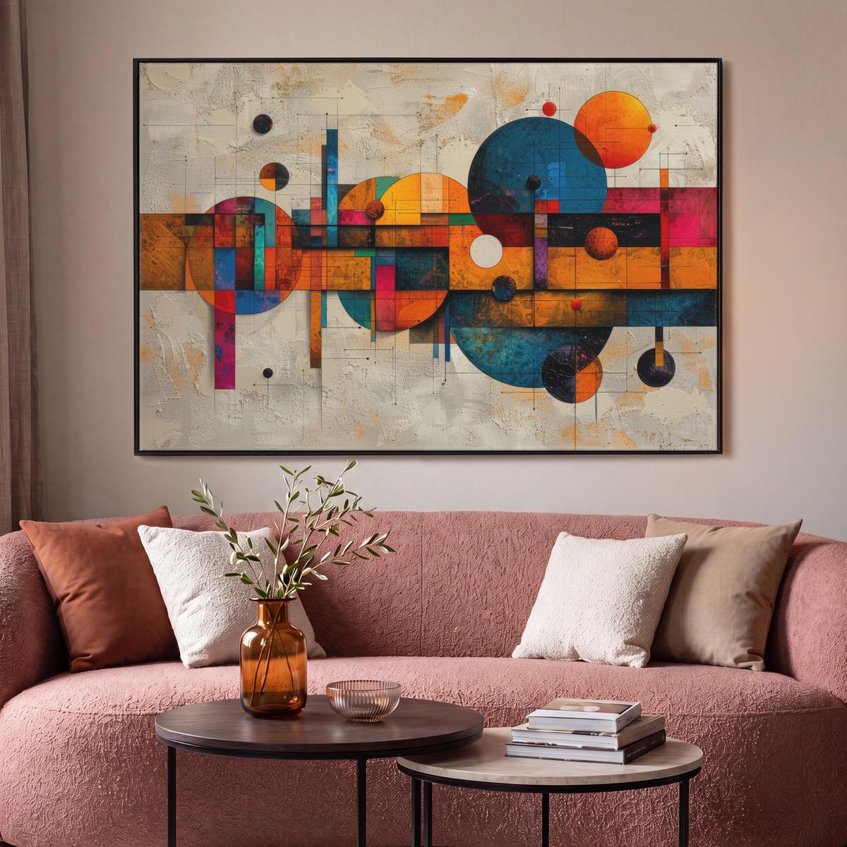 LEINWAND Bilder mit Rahmen - Vintage - Moderne Kunst - Orange - Geometrische Formen - 150x100 - Multicolor, Textil (150/100cm) - MuchoWow