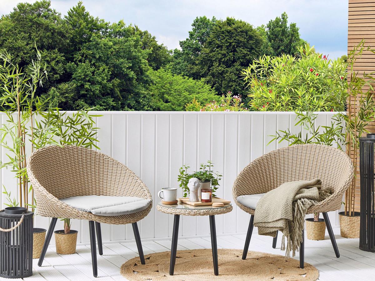 BALKONSET 2-Sitzer Rattan natürlich Auflagen hellbeige Ortigia - Beige/Schwarz, Kunststoff - Beliani