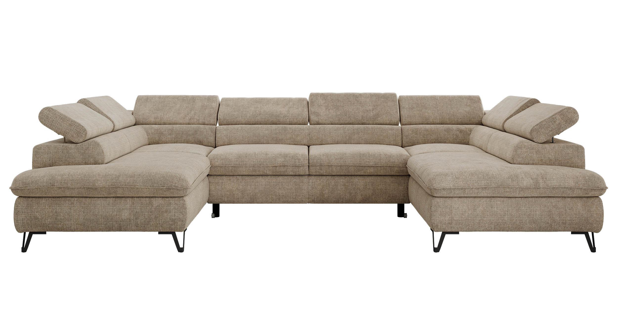 WOHNLANDSCHAFT PABLO U Schenille grob gewebt Beige mit Topper T25 - Beige/Schwarz, Textil/Metall (346/76/208cm) - MKS