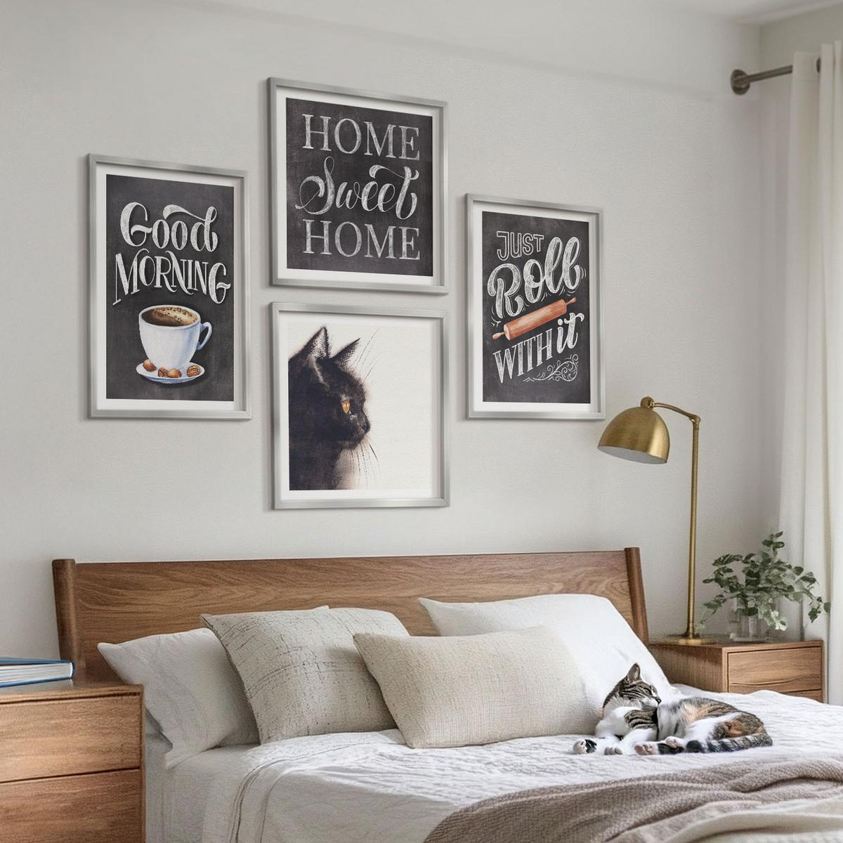 BILDER SET 4er Set - 50x50 cm & 40x60 cm Silberner Rahmen - Hausküchenthemen Katze - Silberfarben, Kunststoff (50/50cm) - TULUP