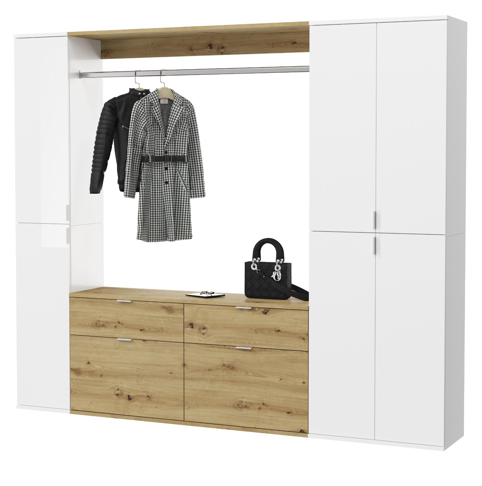 GARDEROBEN-SET weiß Hochglanz, Eiche 212 cm, Komplettset mit viel Stauraum - Chromfarben/Weiß Hochglanz, Holzwerkstoff/Kunststoff (212/193/34cm) - Inn.Furn