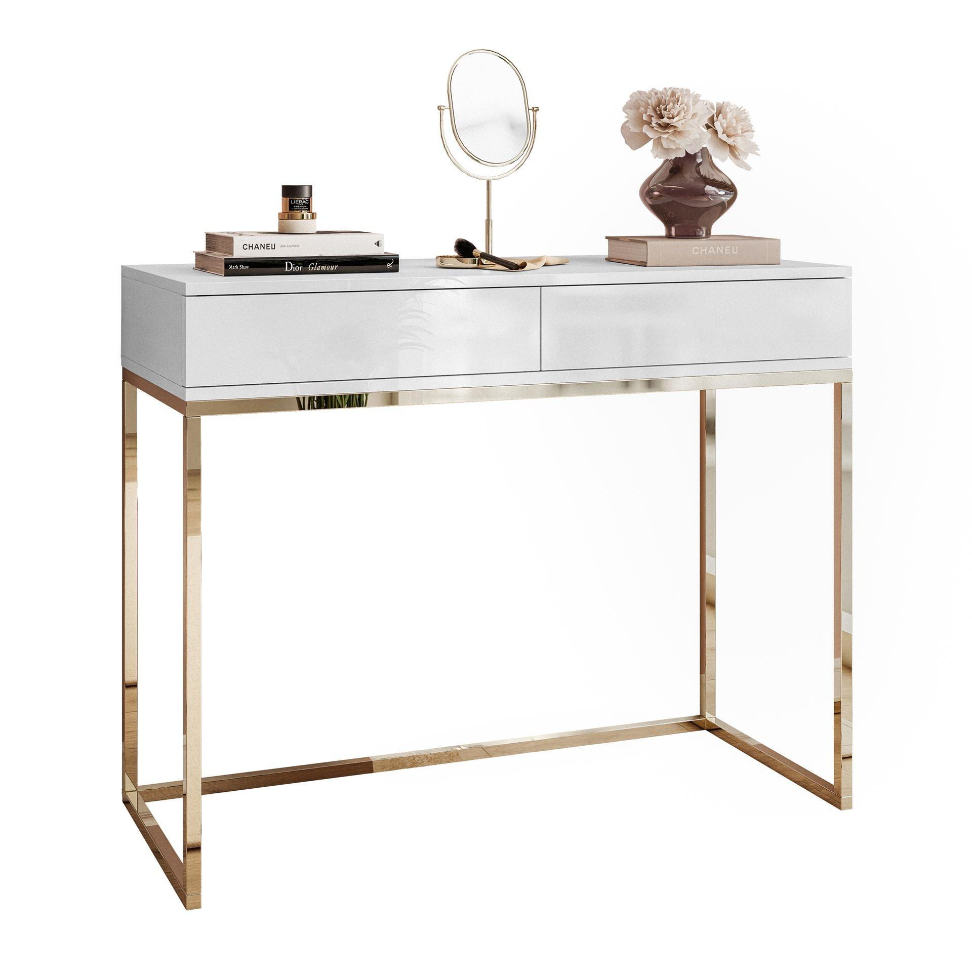 KONSOLE BLANCO mit Schubladen GOLD CHROM Weiß Hochglanz PUSH OPEN - Weiß Hochglanz/Goldfarben, Holzwerkstoff (42/100/81cm) - Lookway