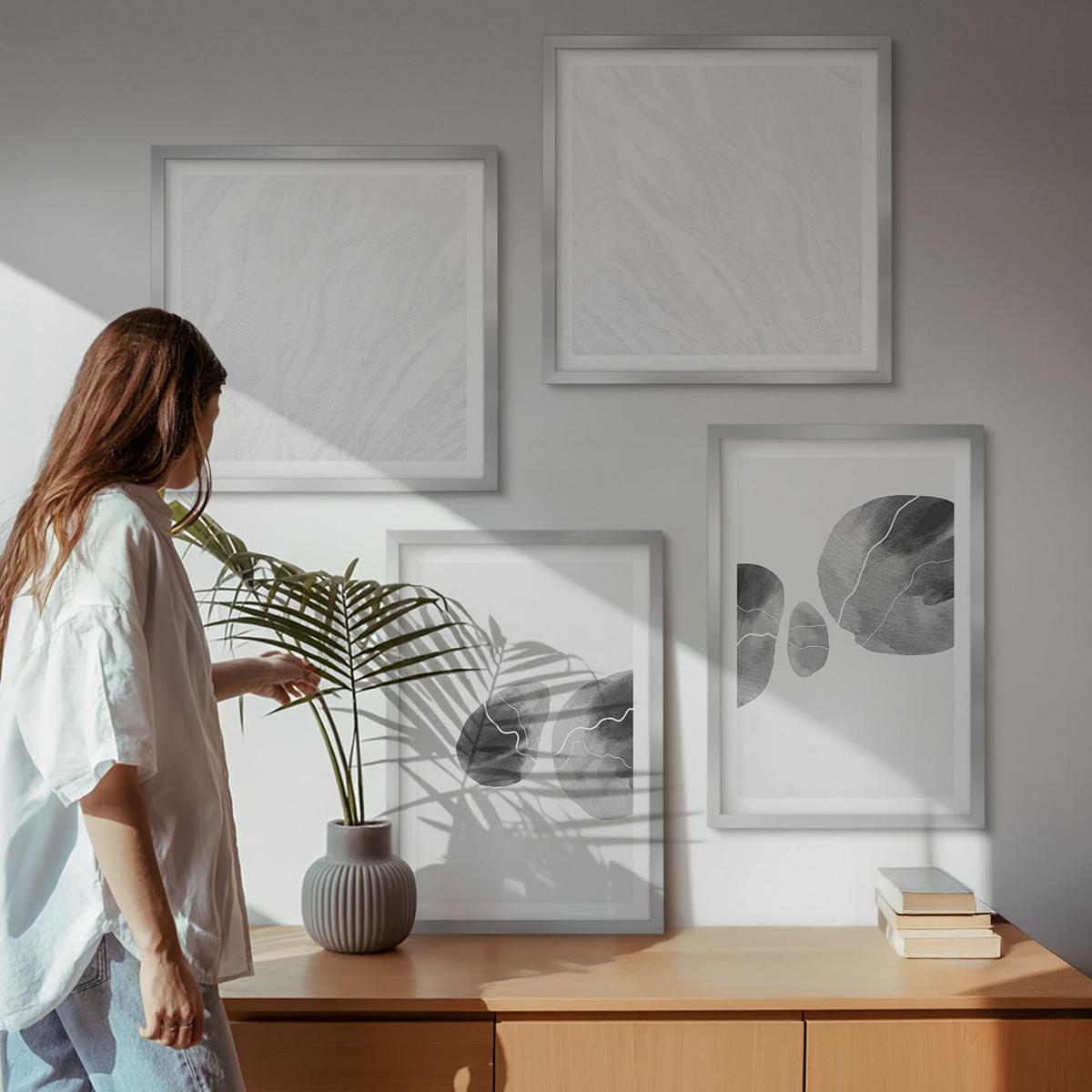 BILDER SET 4er Set - 50x50 cm & 40x60 cm Silberner Rahmen - Abstrakte Kunst, Farbspritzer - Silberfarben, Kunststoff (50/50cm) - TULUP