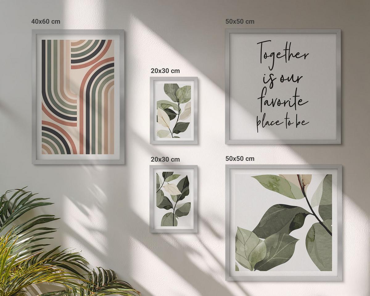 BILDER SET 5er Set - 50x50 cm & 20x30 cm & 40x60 cm Silberner Rahmen - Geometrische Pflanzenmotive - Silberfarben, Kunststoff (40/60cm) - TULUP