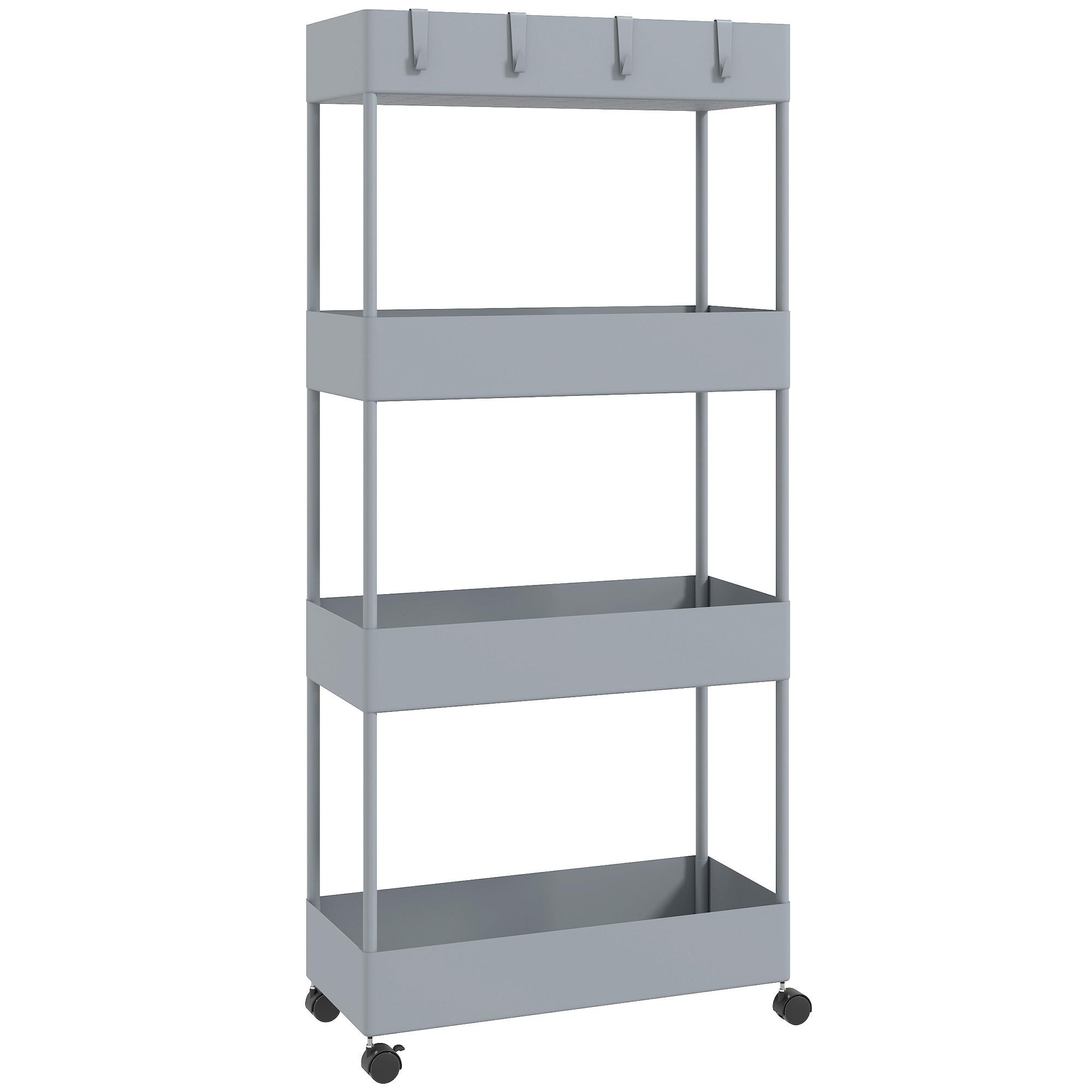 ROLLWAGEN mit 4 Ebenen, Kunststoff, Grau, 40 x 19 x 90 cm - Grau, Metall (19/90/40cm) - HOMCOM