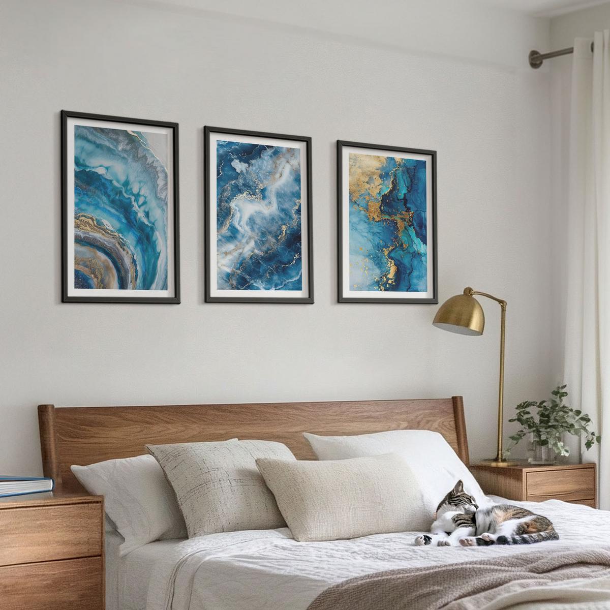 BILDER SET 3er Set - 40x60 cm Schwarzer Rahmen - Blaue abstrakte Muster - Schwarz, Kunststoff (40/60cm) - TULUP