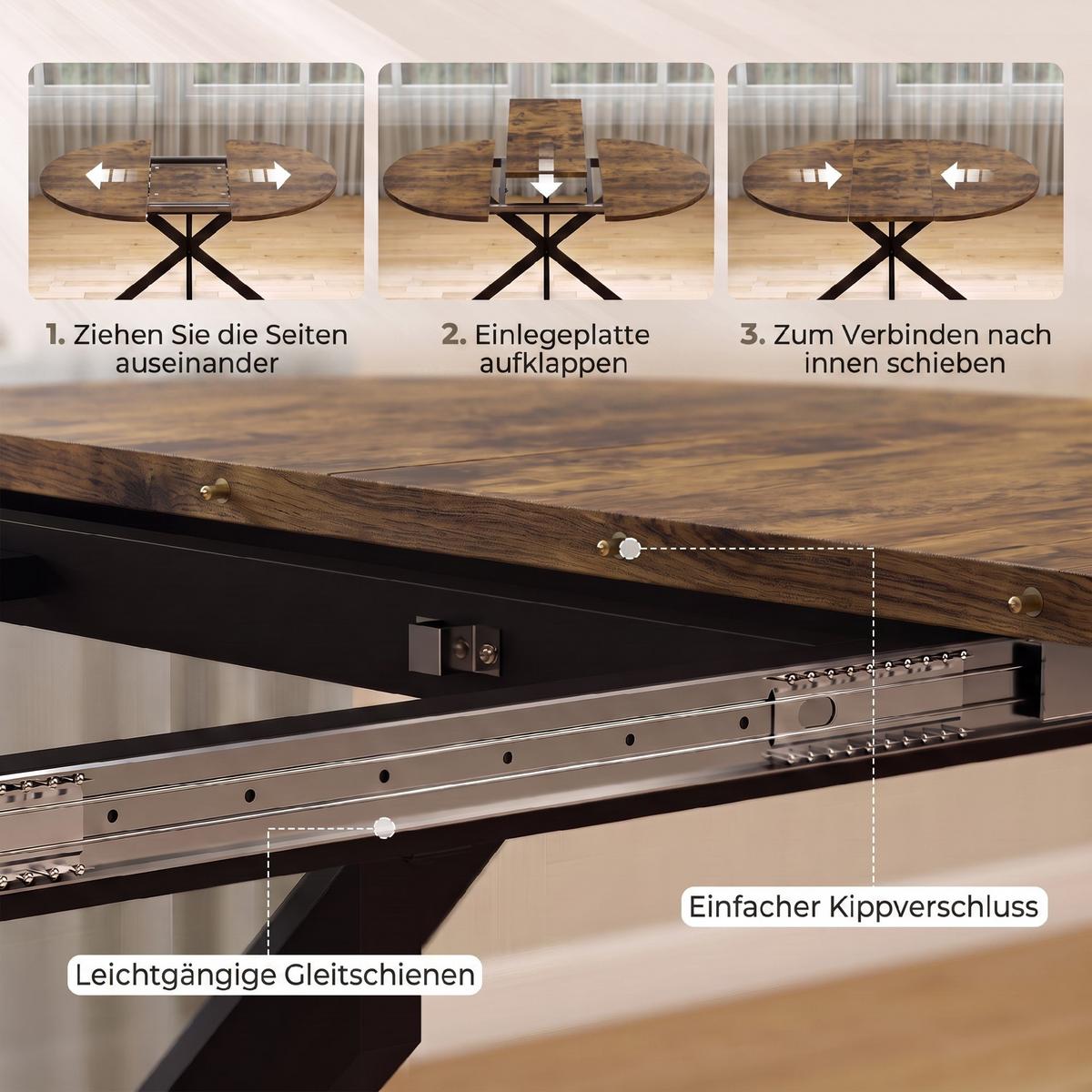 AUSZIEHBARER-ESSTISCH MDF Stahl Rustikal-Braun - Dunkelbraun/Schwarz, Holzwerkstoff/Metall (135/100/75cm) - HOMCOM