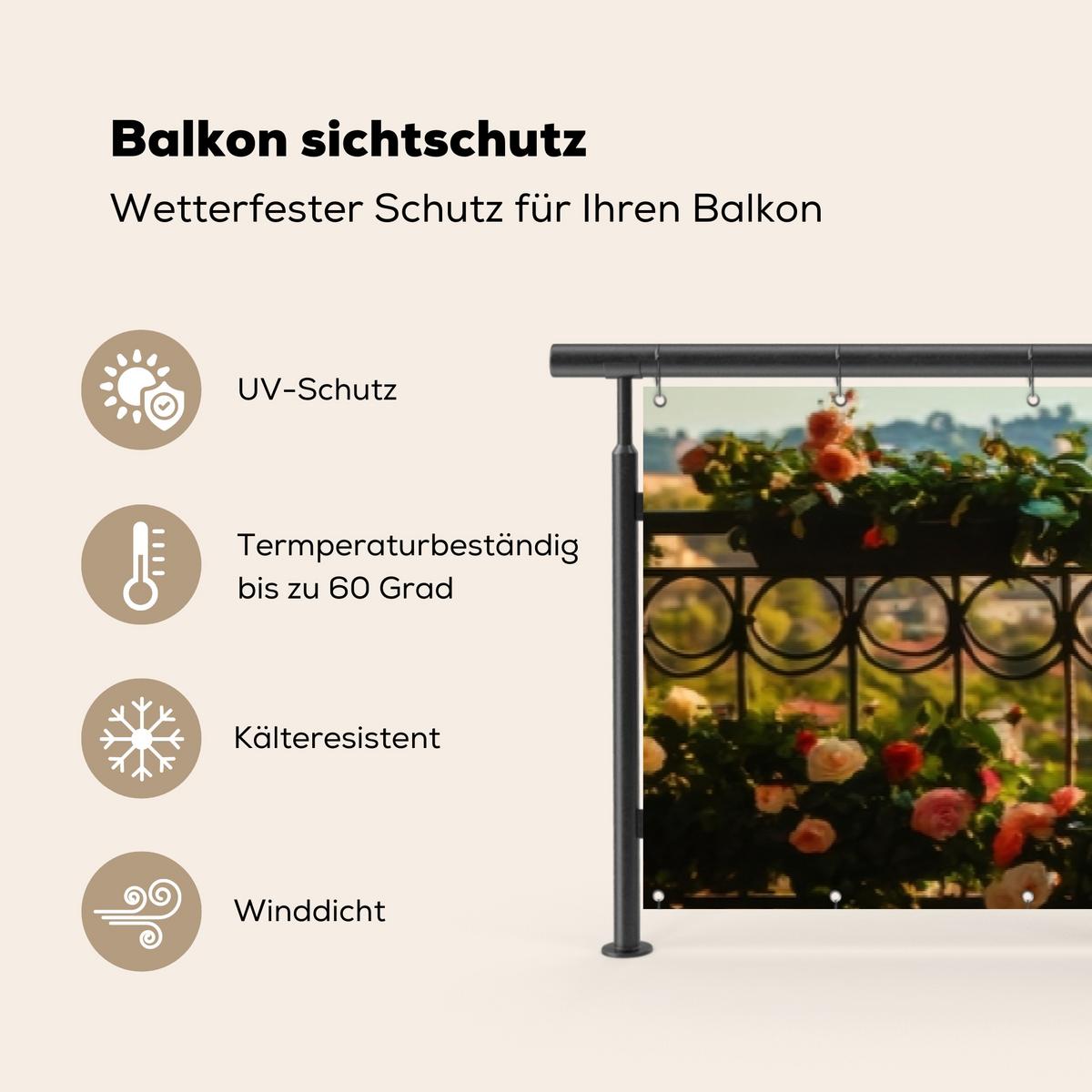 BALKON-SICHTSCHUTZ Blumen - Zaun - Stadtbild - Sommer Balkon Deko 500x75 cm - Pink, Kunststoff (500/75cm) - MuchoWow