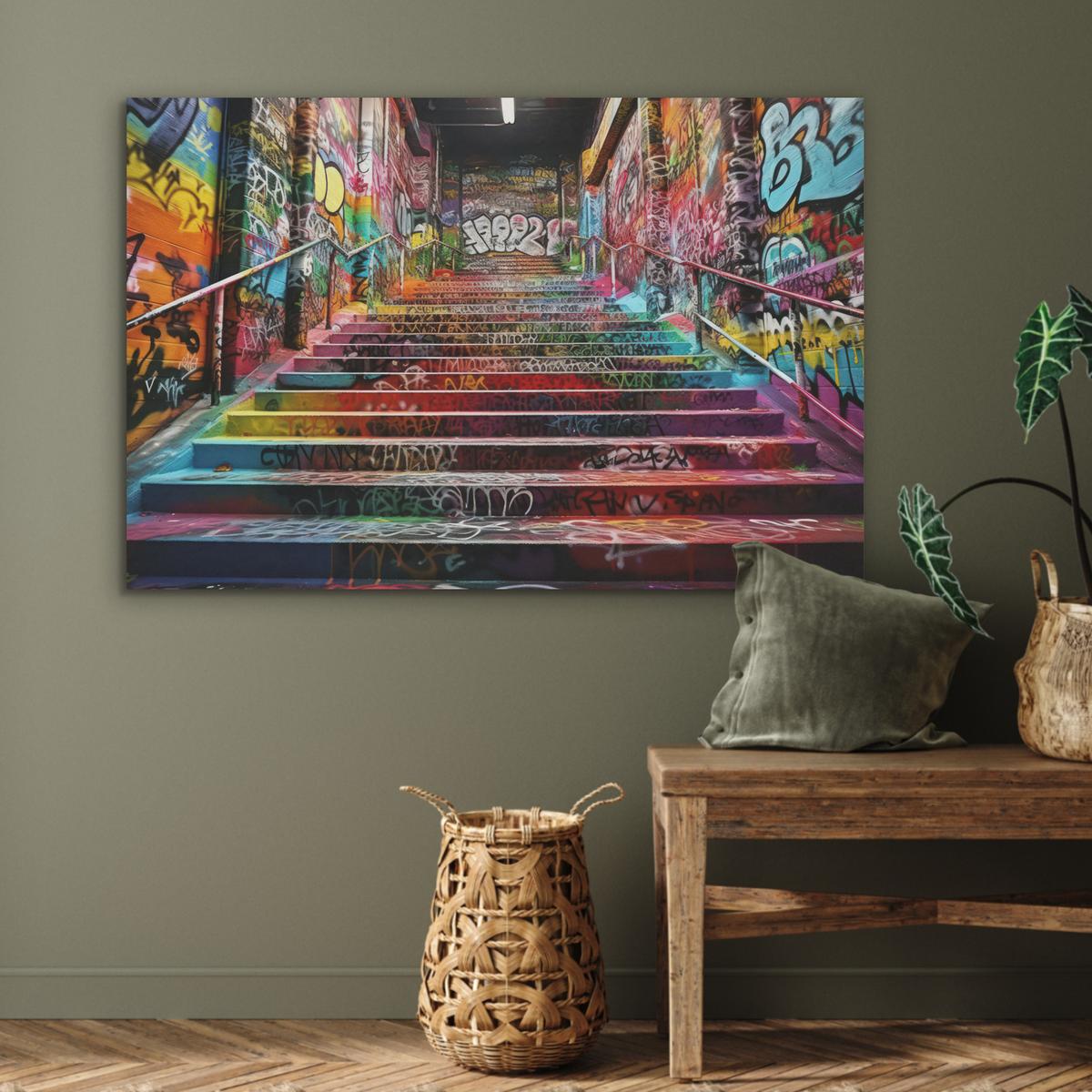 AKUSTIKBILD Treppe - Graffiti - Farben - Kunst Wandbild Wohnzimmer 100x70 cm - Multicolor, Kunststoff (100/70/0.9cm) - MuchoWow