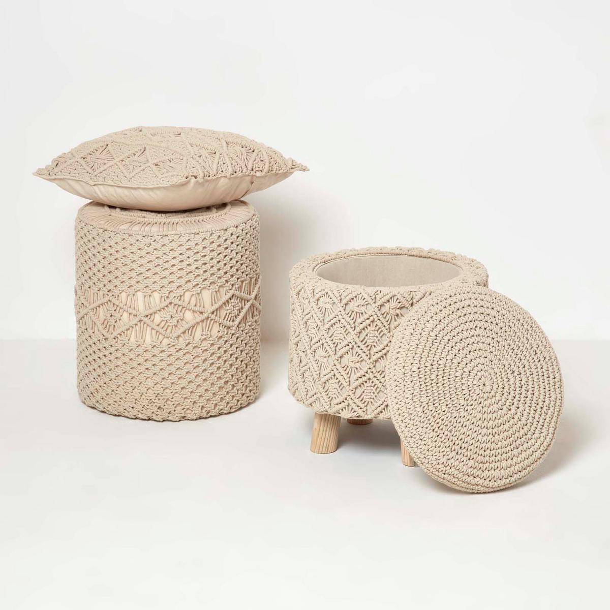MAKRAMEE-HOCKER mit Stauraum Indy natur, 41/41/43 cm - Naturfarben, Textil (41/43/41cm) - Homescapes