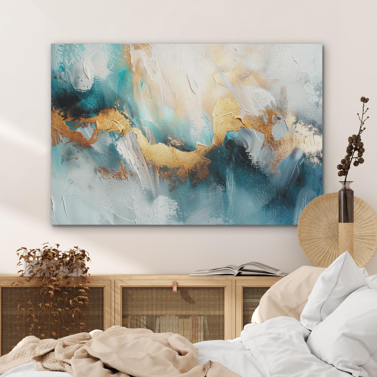 AKUSTIKBILD Abstrakt - Kunst - Gold - Blau Wandbild Wohnzimmer 100x70 cm - Petrol, Kunststoff (100/70/0.9cm) - MuchoWow