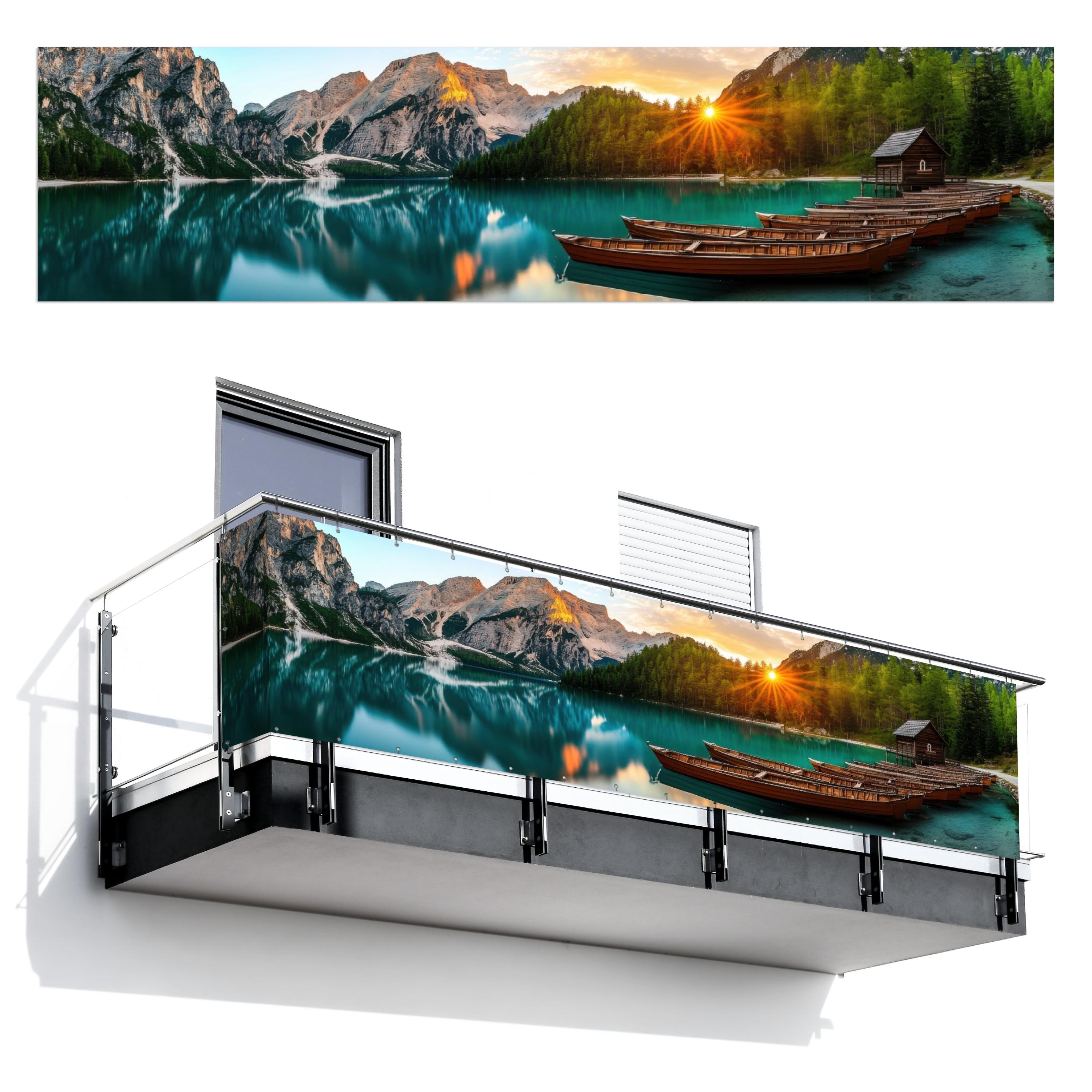 BALKON-SICHTSCHUTZ See - Berge - Sonnenuntergang - Boot Deko XXL 500x120 cm - Petrol, Kunststoff (500/120cm) - MuchoWow