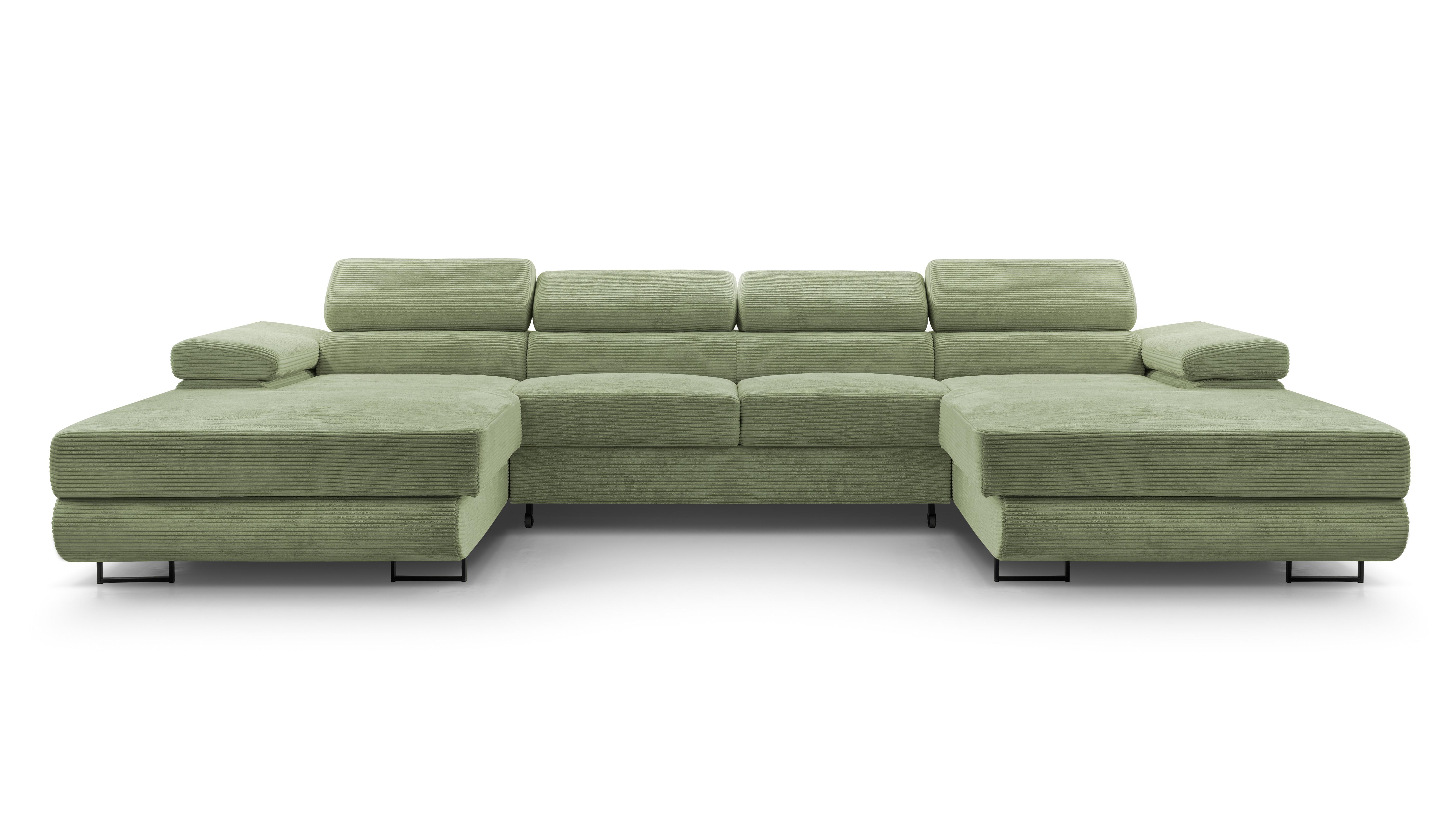 WOHNLANDSCHAFT GIULIO Grün Velours-Stoff mit Schlaffunktion - Grün, Holz (352/90/202cm) - MASSENO