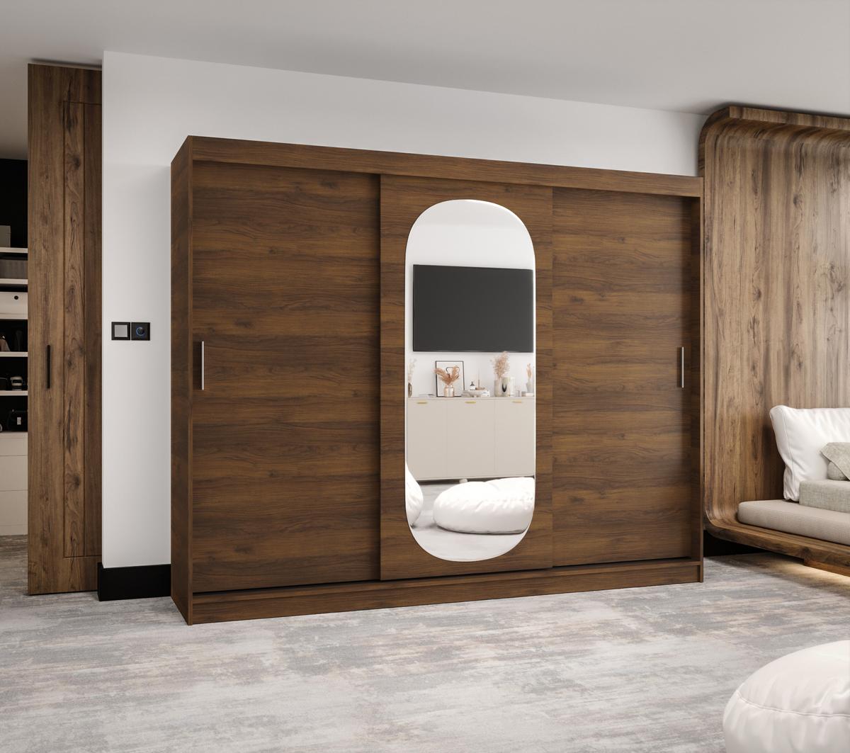 SCHIEBETÜRENSCHRANK mit Spiegel ROYAL 200/250/62 3-türig - Silberfarben/Walnussfarben, Holz (250/62/250cm) - MÖBEL KRYSPOL