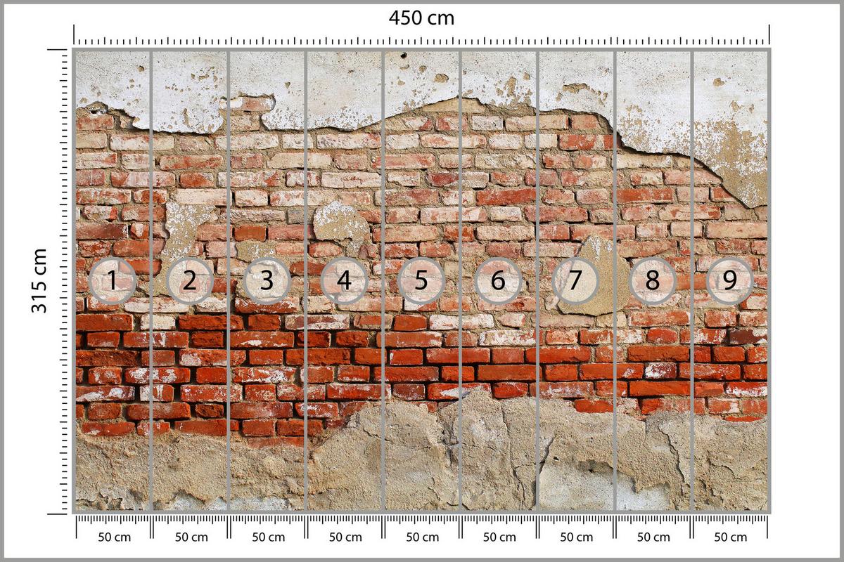 FOTOTAPETE für Wohnzimmer Alte Rissige Rote Ziegelwand Rustikal 450x315 - Beige/Rot, Papier (450/315cm) - Muralo