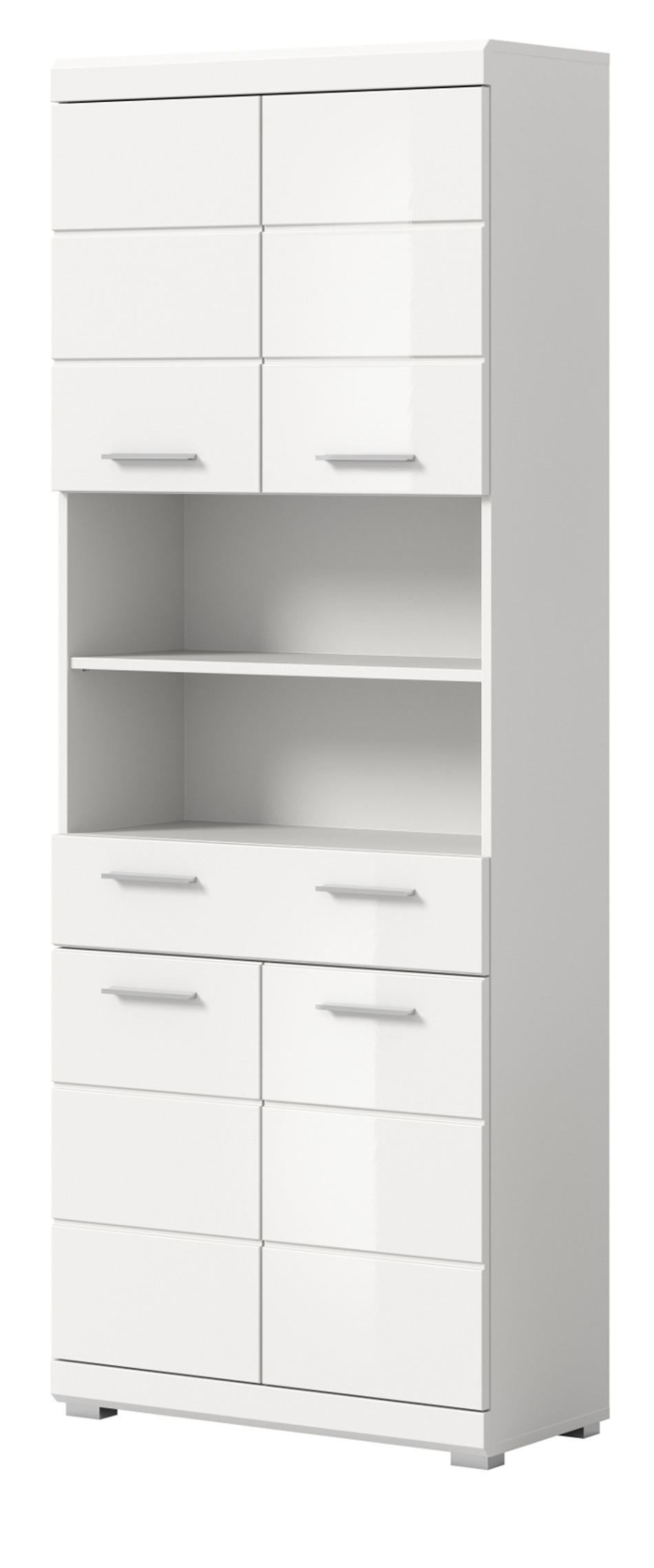 HOCHSCHRANK weiß Hochglanz 74 x 191 cm, Badschrank mit viel Stauraum - Weiß Hochglanz/Silberfarben, Holzwerkstoff/Kunststoff (74/191/31cm) - Inn.Furn